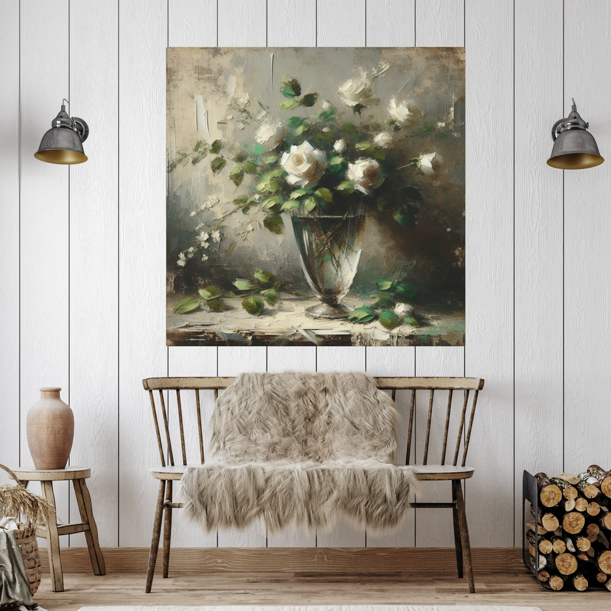 White Roses in Glass Vase – Vintage Impressionist Floral Wall Art