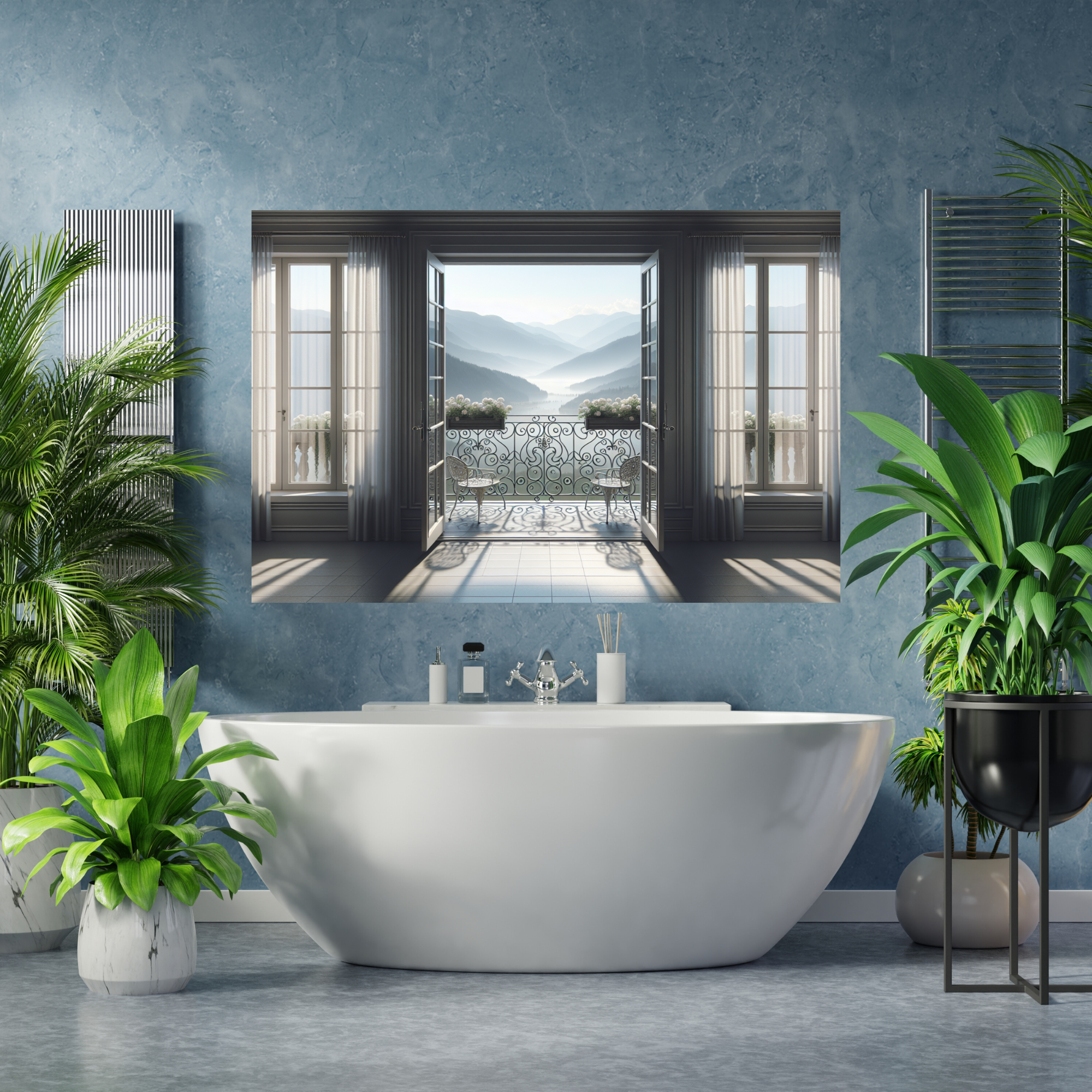 Peaceful Balcony View Over Morning Mountains – Elegant Tranquil Wall Art