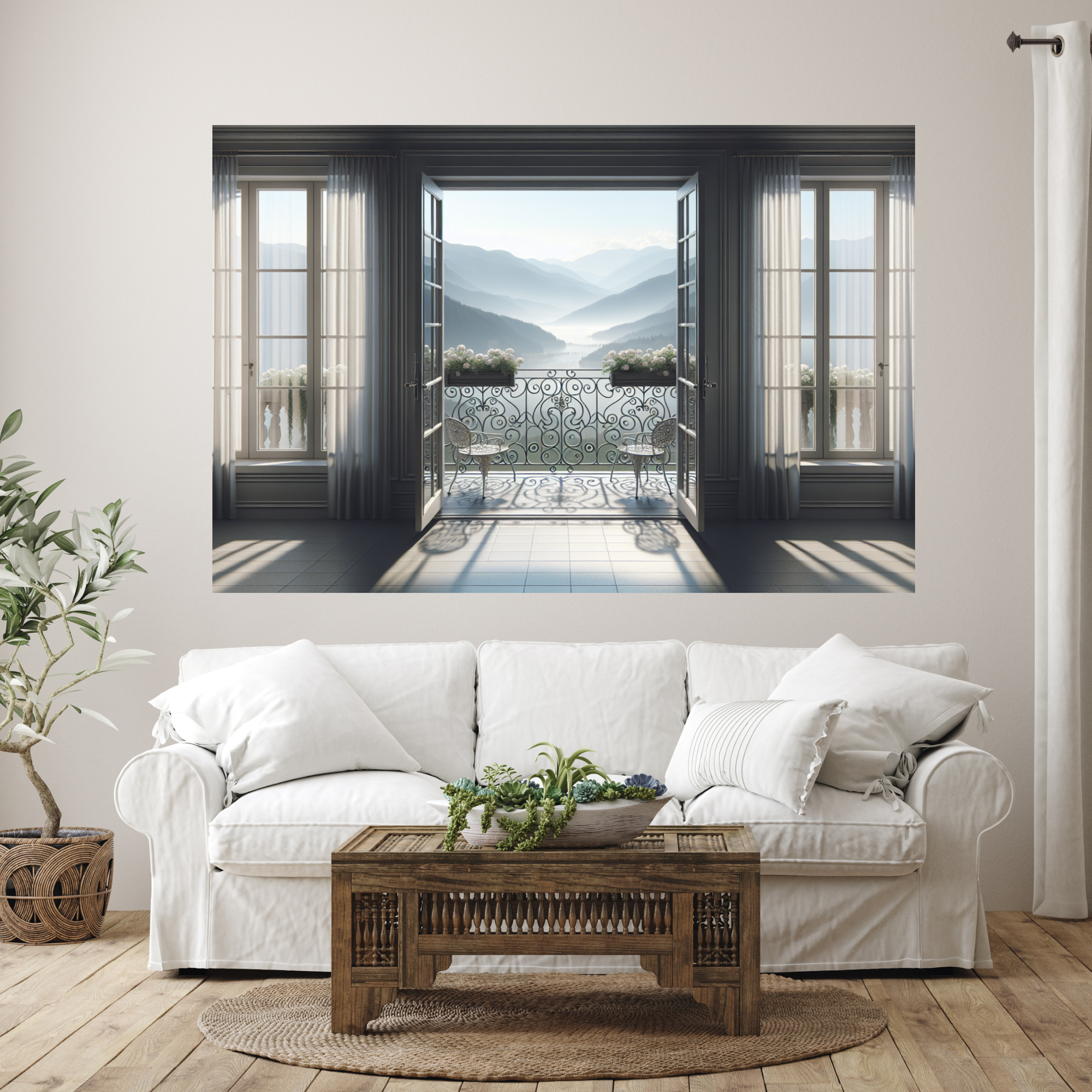 Peaceful Balcony View Over Morning Mountains – Elegant Tranquil Wall Art