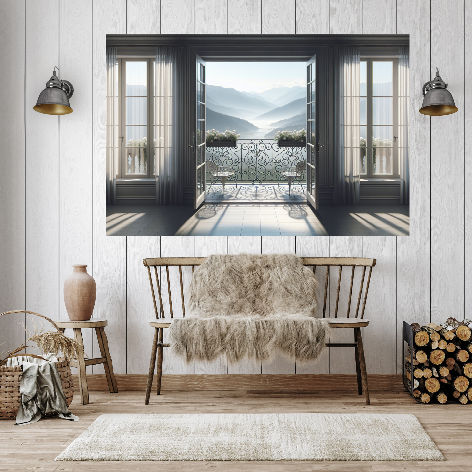 Peaceful Balcony View Over Morning Mountains – Elegant Tranquil Wall Art