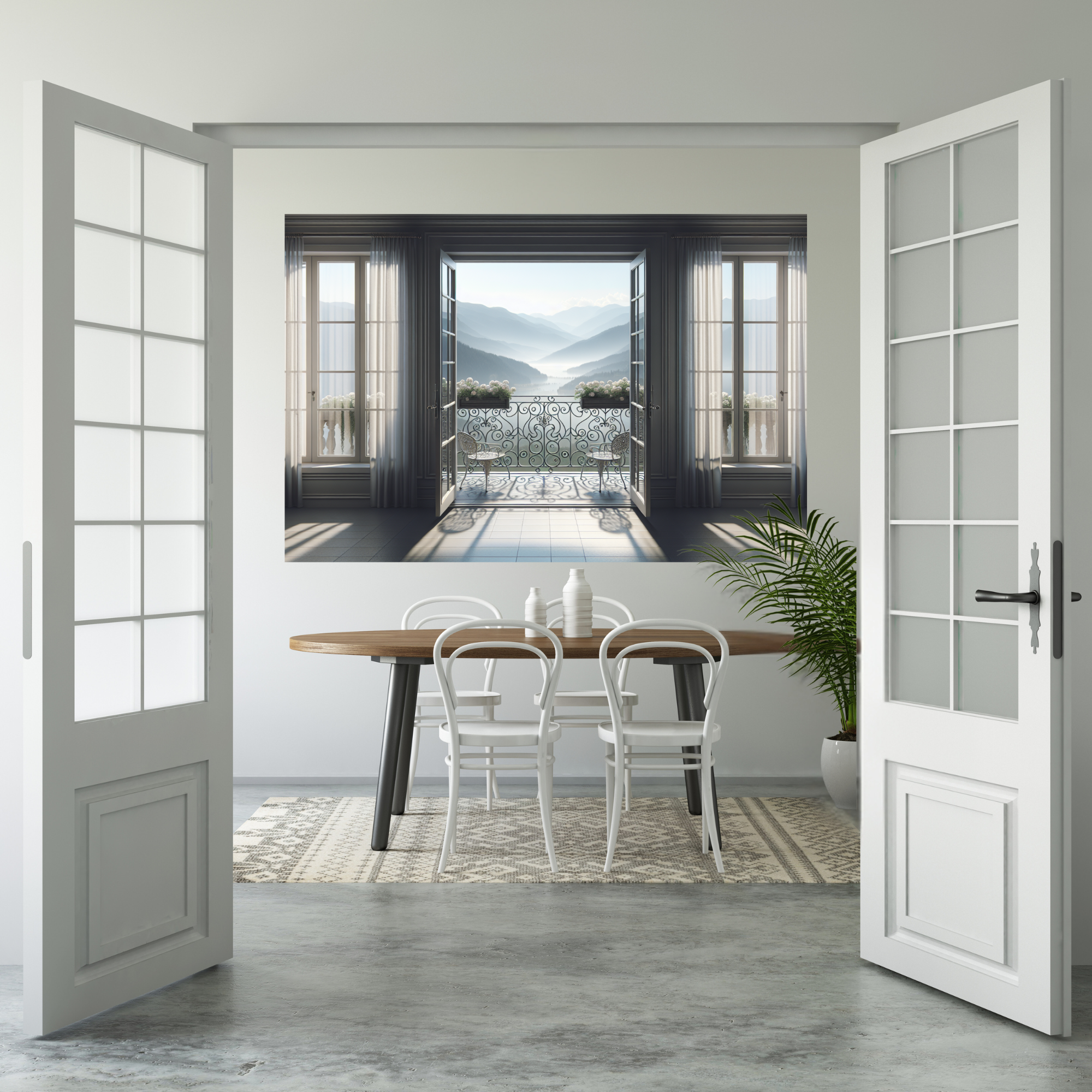 Peaceful Balcony View Over Morning Mountains – Elegant Tranquil Wall Art