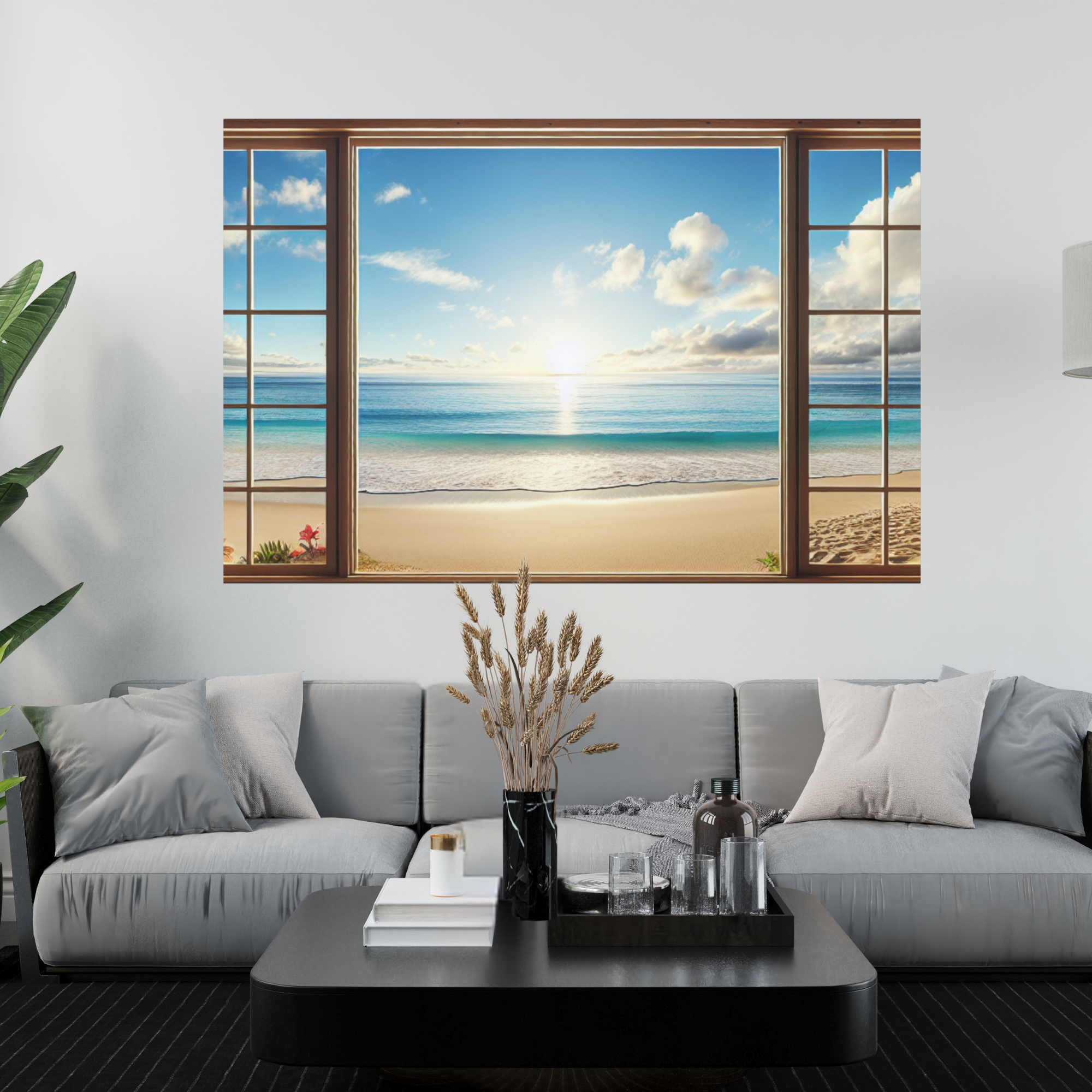 Ocean Sunrise View Through Window – Serene Coastal Wall Art