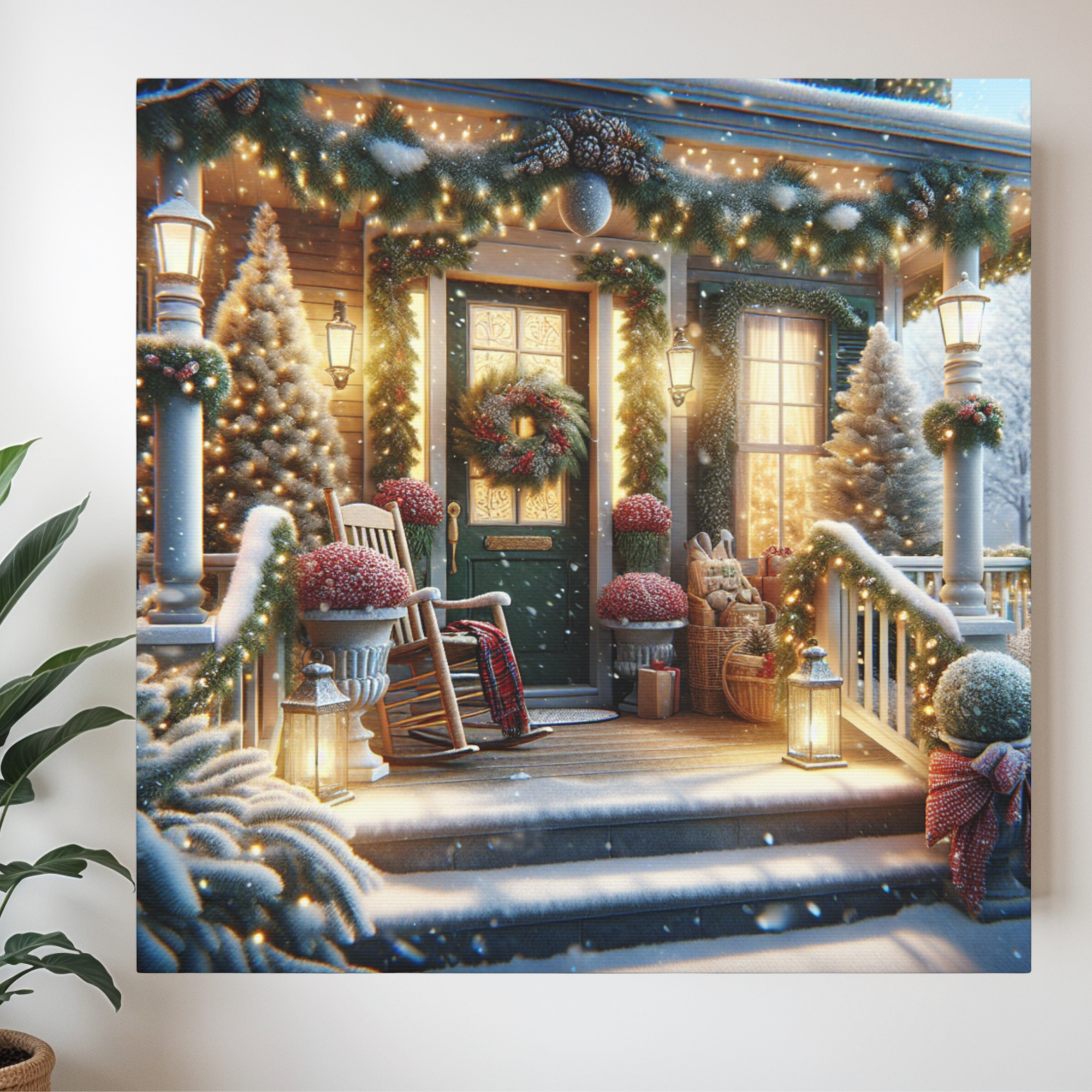 Cozy Christmas Porch With Lights and Snow – Holiday Winter Wall Art