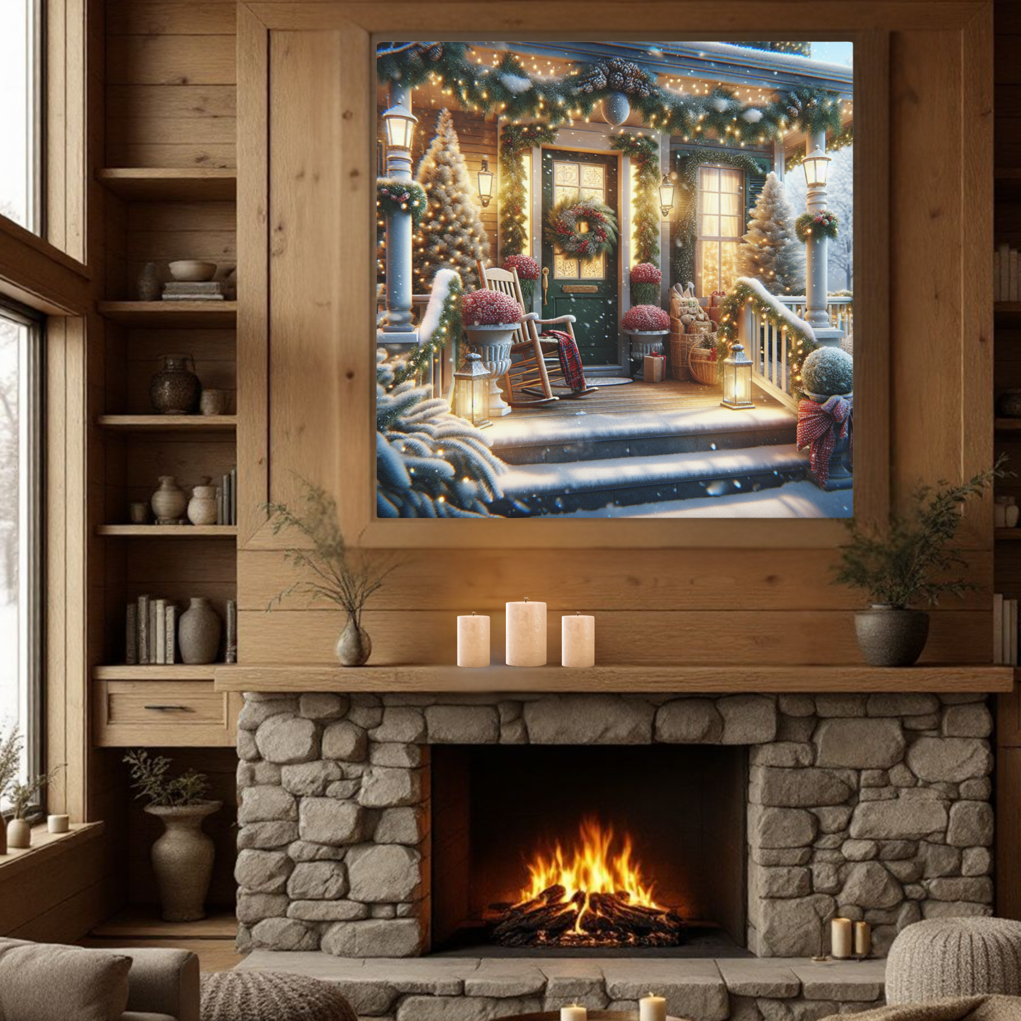 Cozy Christmas Porch With Lights and Snow – Holiday Winter Wall Art