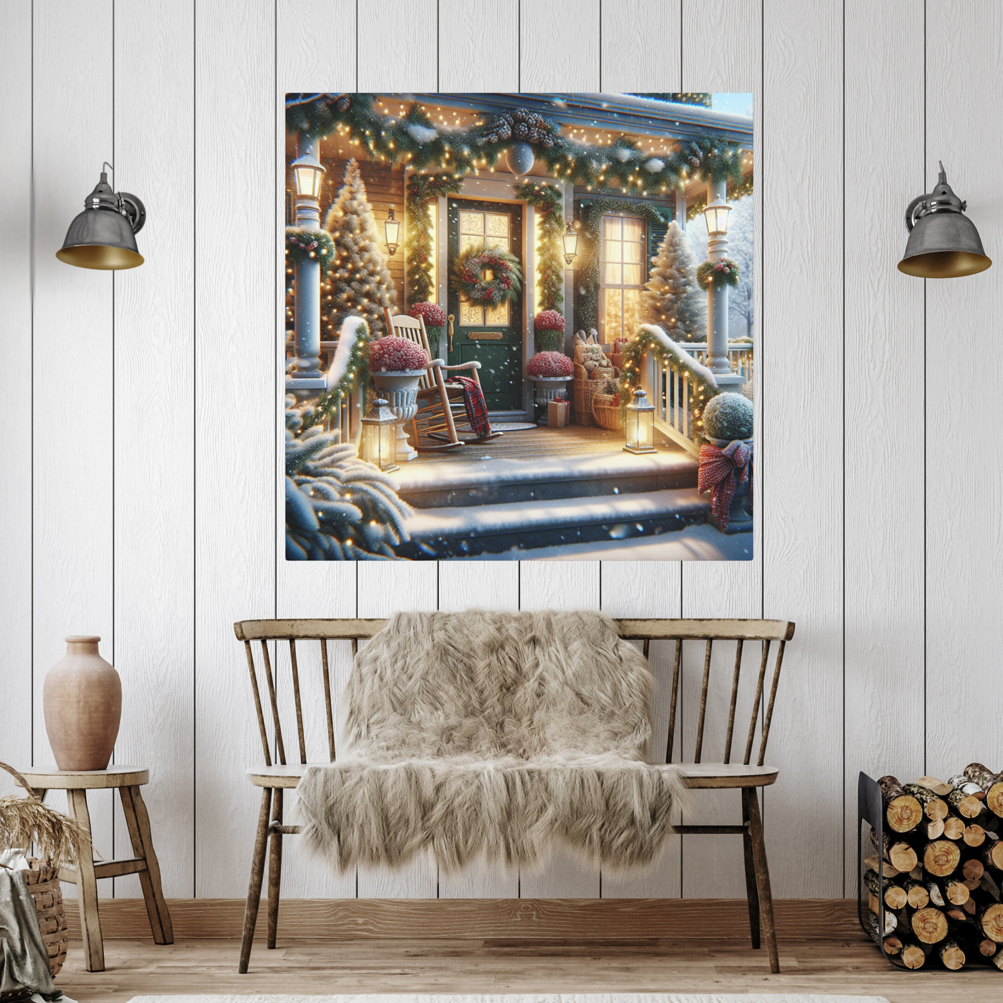 Cozy Christmas Porch With Lights and Snow – Holiday Winter Wall Art