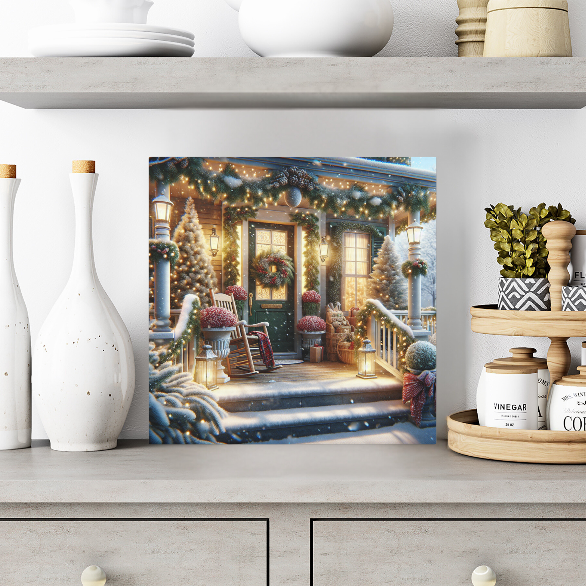 Cozy Christmas Porch With Lights and Snow – Holiday Winter Wall Art