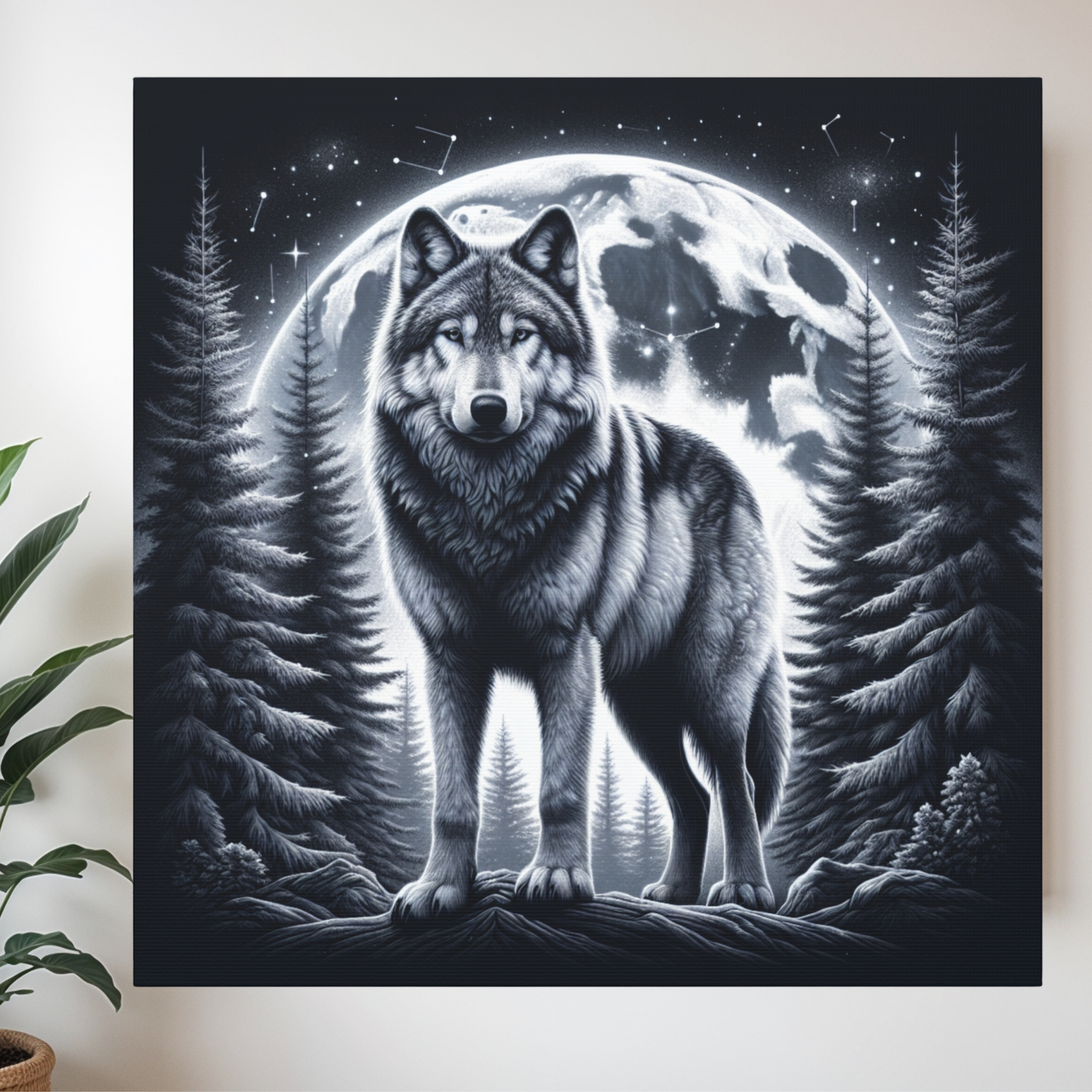 Wolf Under Full Moon in Pine Forest – Midnight Wildlife Wall Art