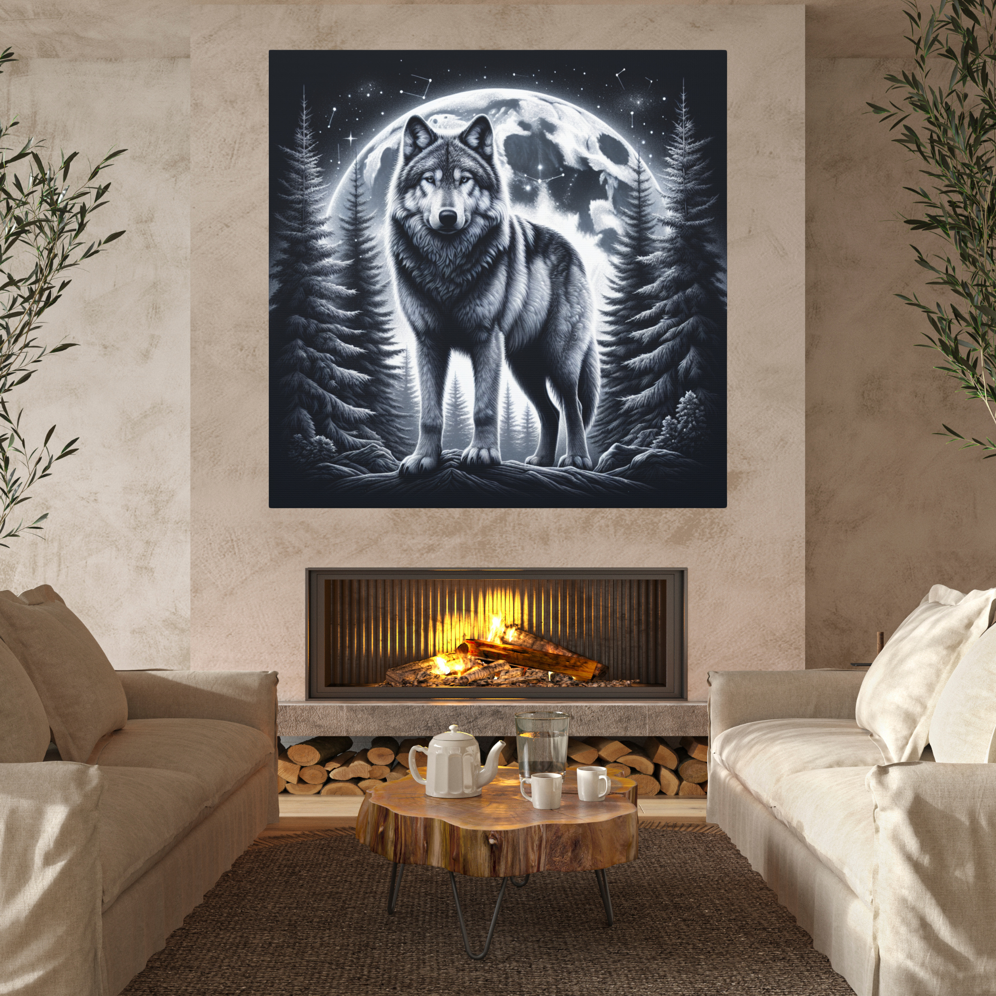 Wolf Under Full Moon in Pine Forest – Midnight Wildlife Wall Art