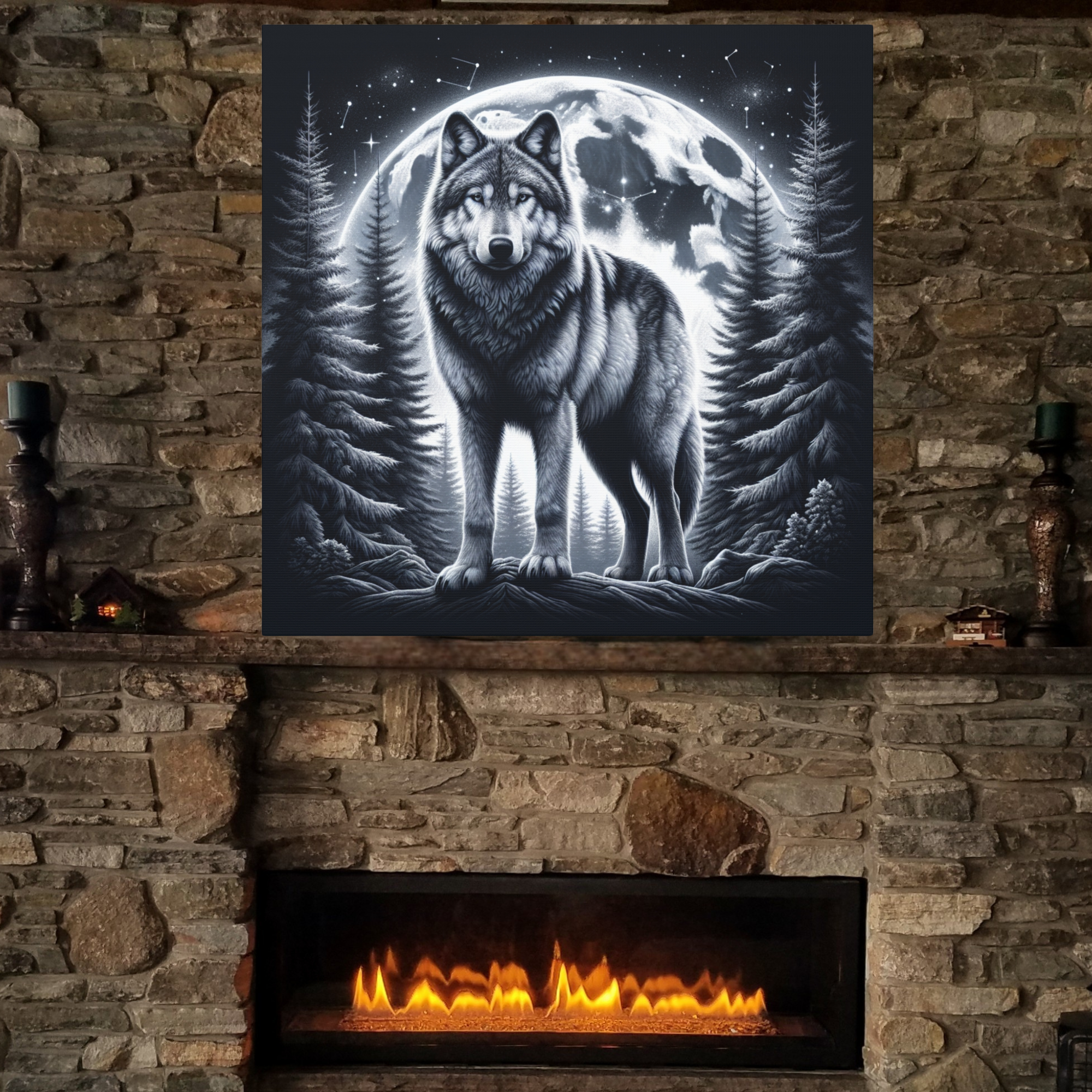 Wolf Under Full Moon in Pine Forest – Midnight Wildlife Wall Art