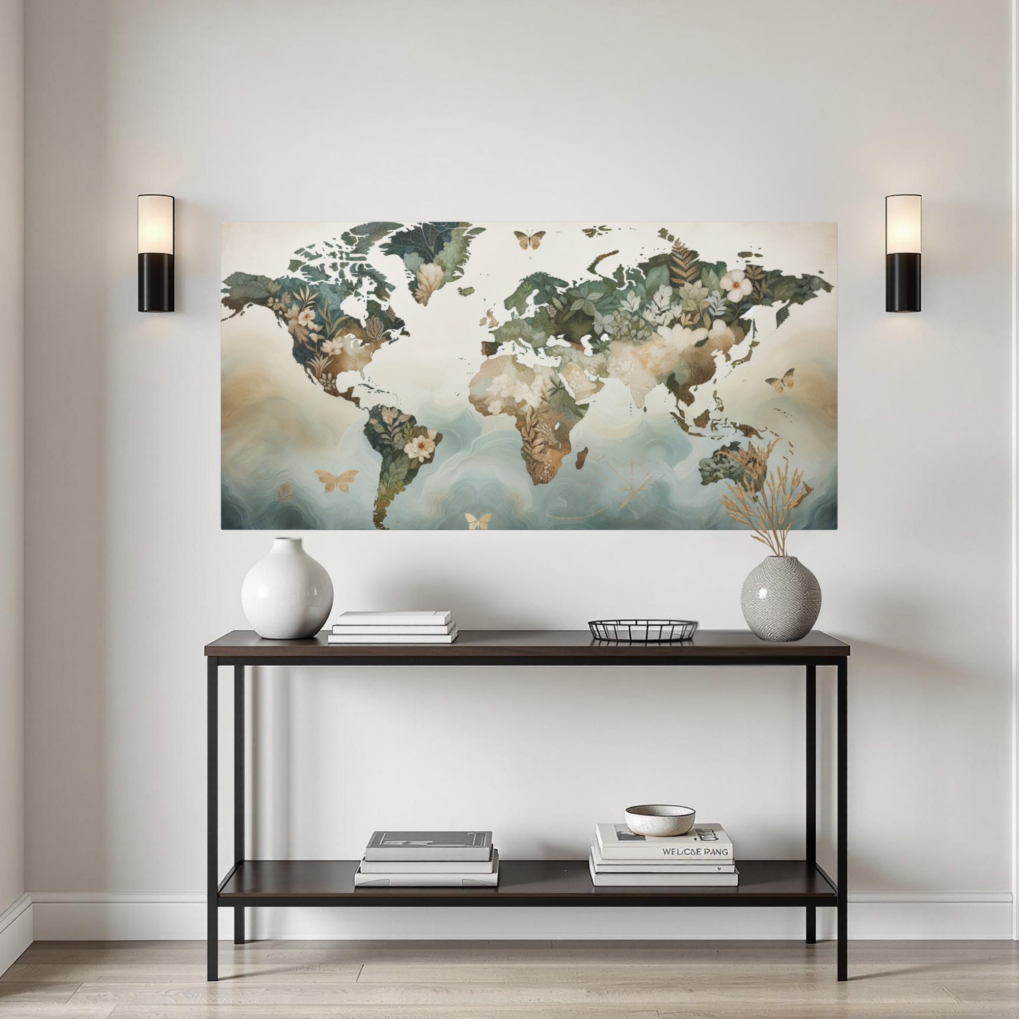 Floral World Map With Butterflies – Botanical Nature Wall Art