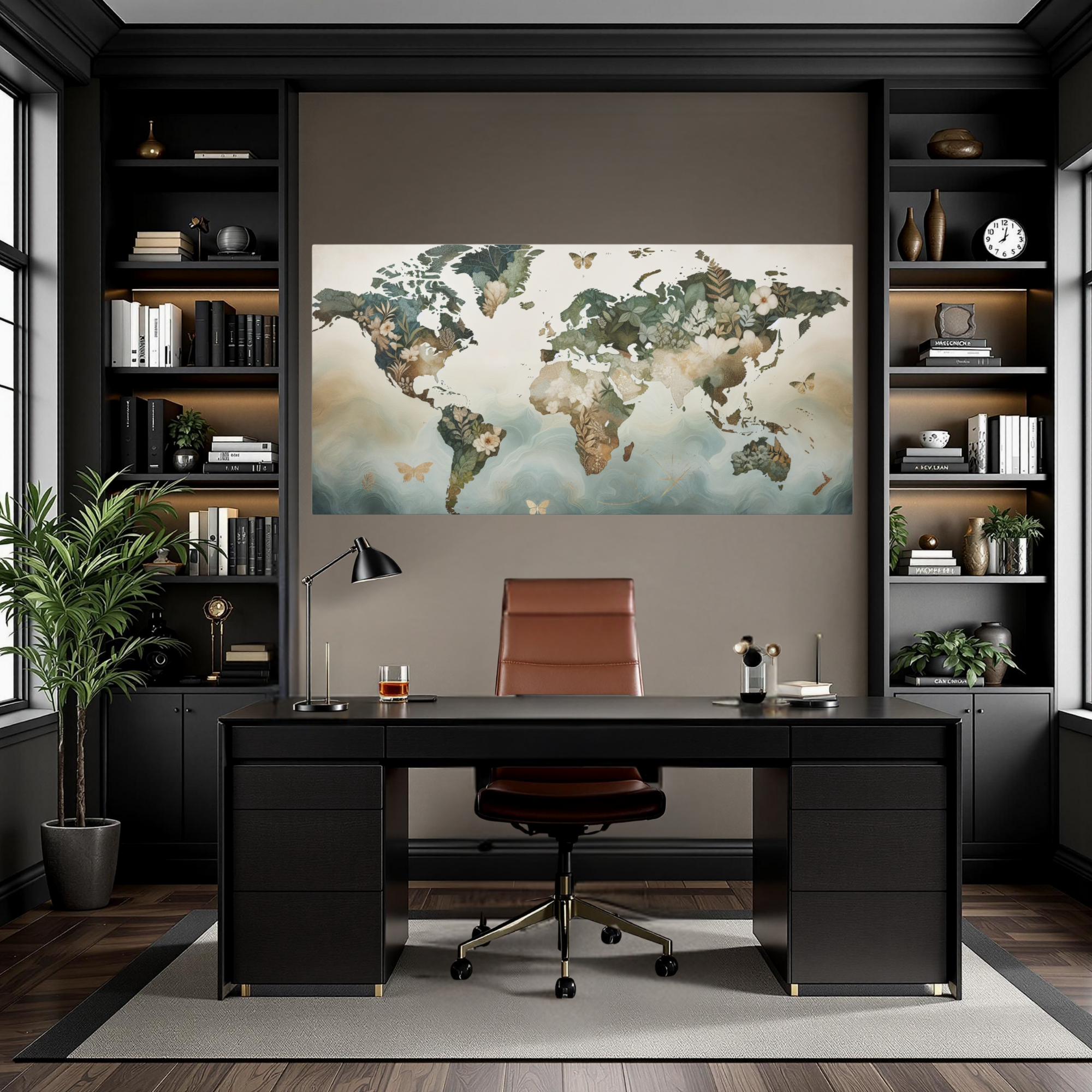 Floral World Map With Butterflies – Botanical Nature Wall Art
