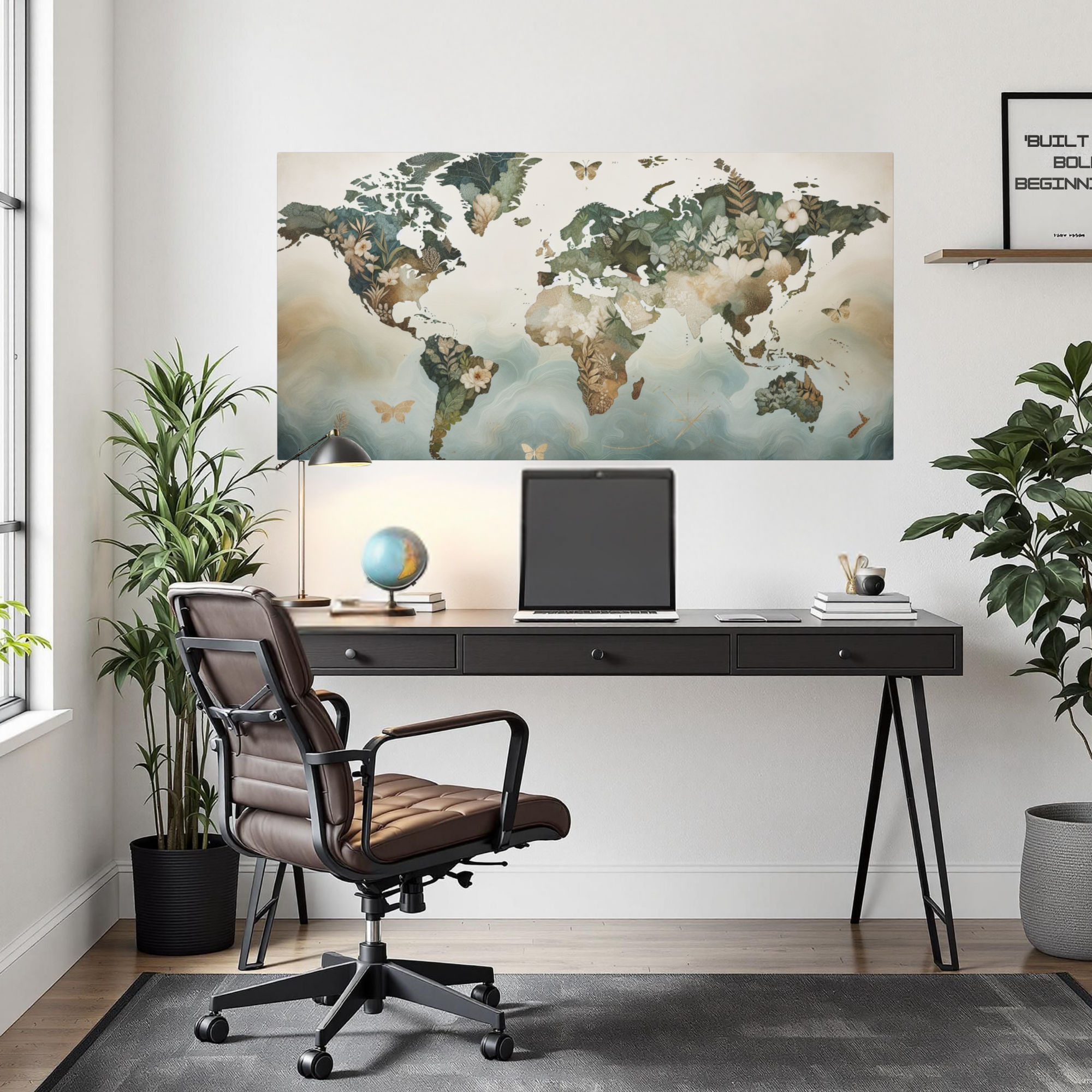 Floral World Map With Butterflies – Botanical Nature Wall Art