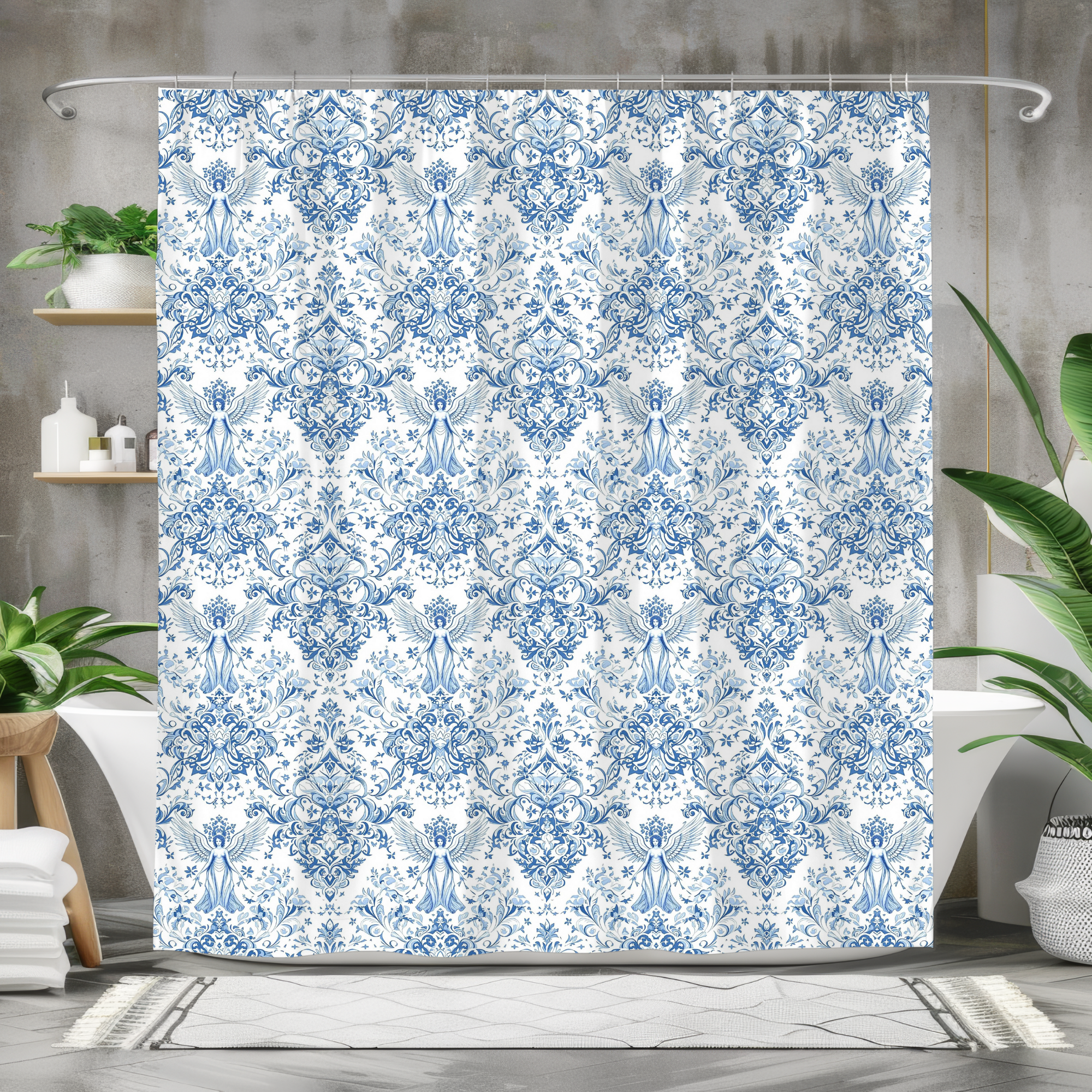Blue and White Angels in Ornate Pattern – Angelic Classic Shower Curtain