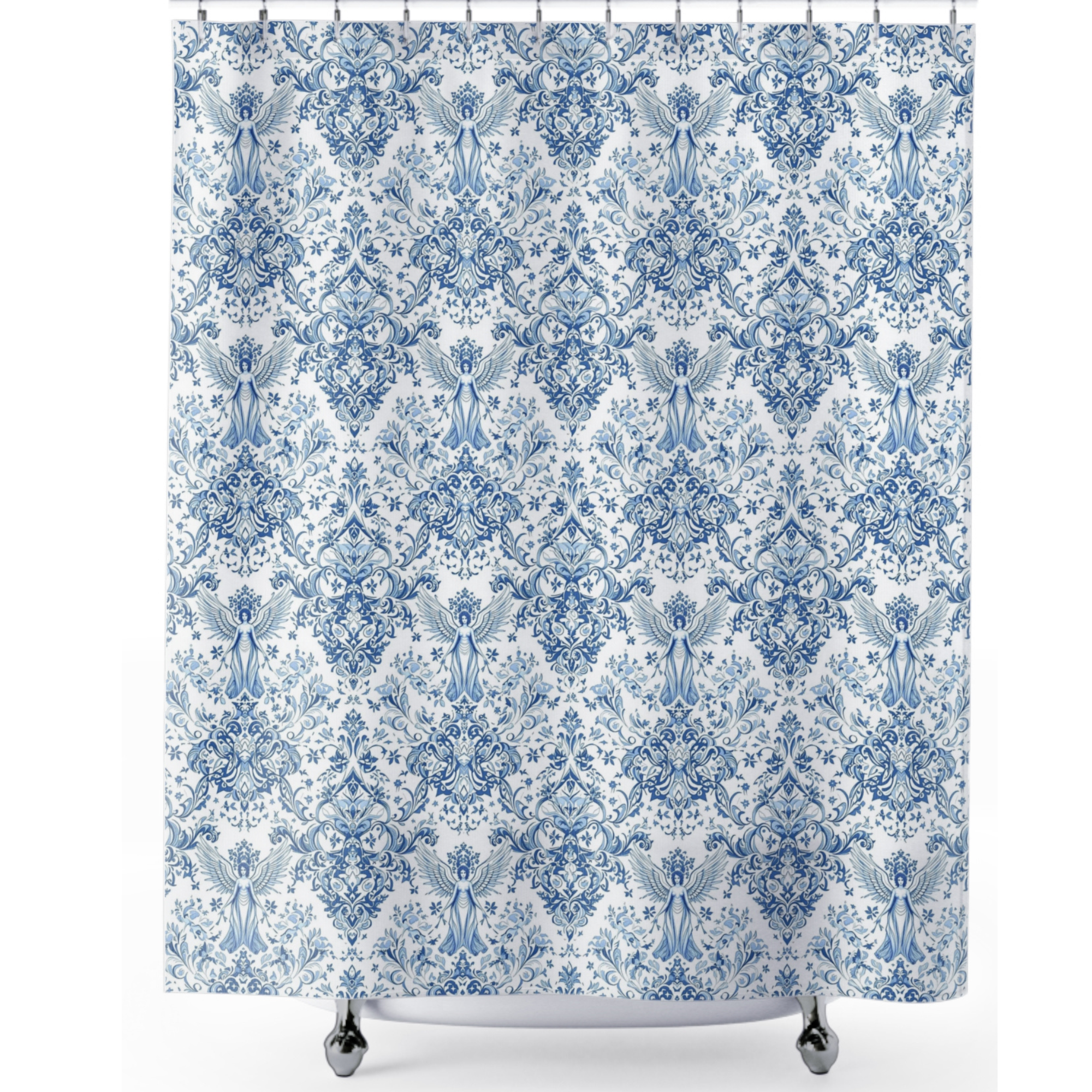 Blue and White Angels in Ornate Pattern – Angelic Classic Shower Curtain