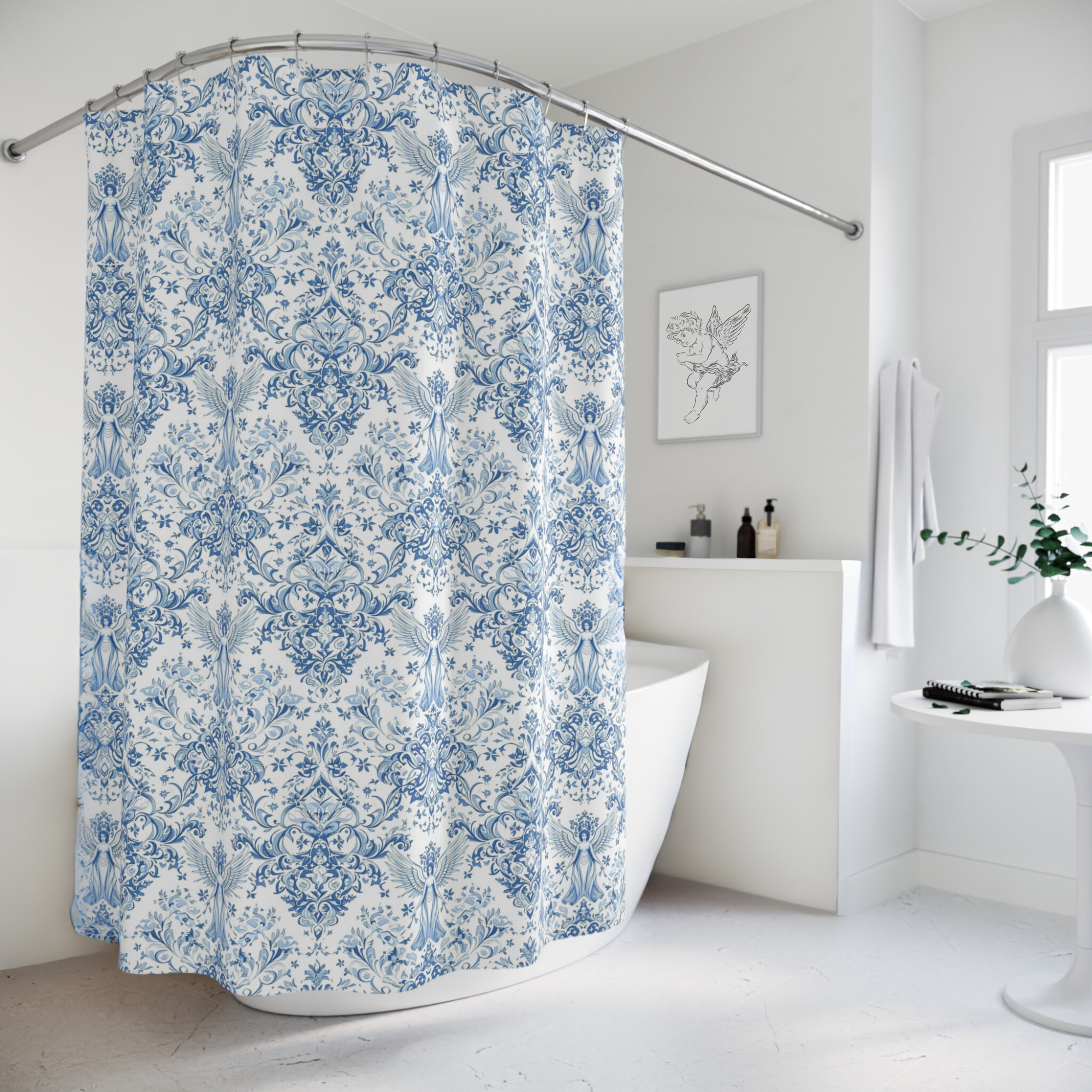 Blue and White Angels in Ornate Pattern – Angelic Classic Shower Curtain