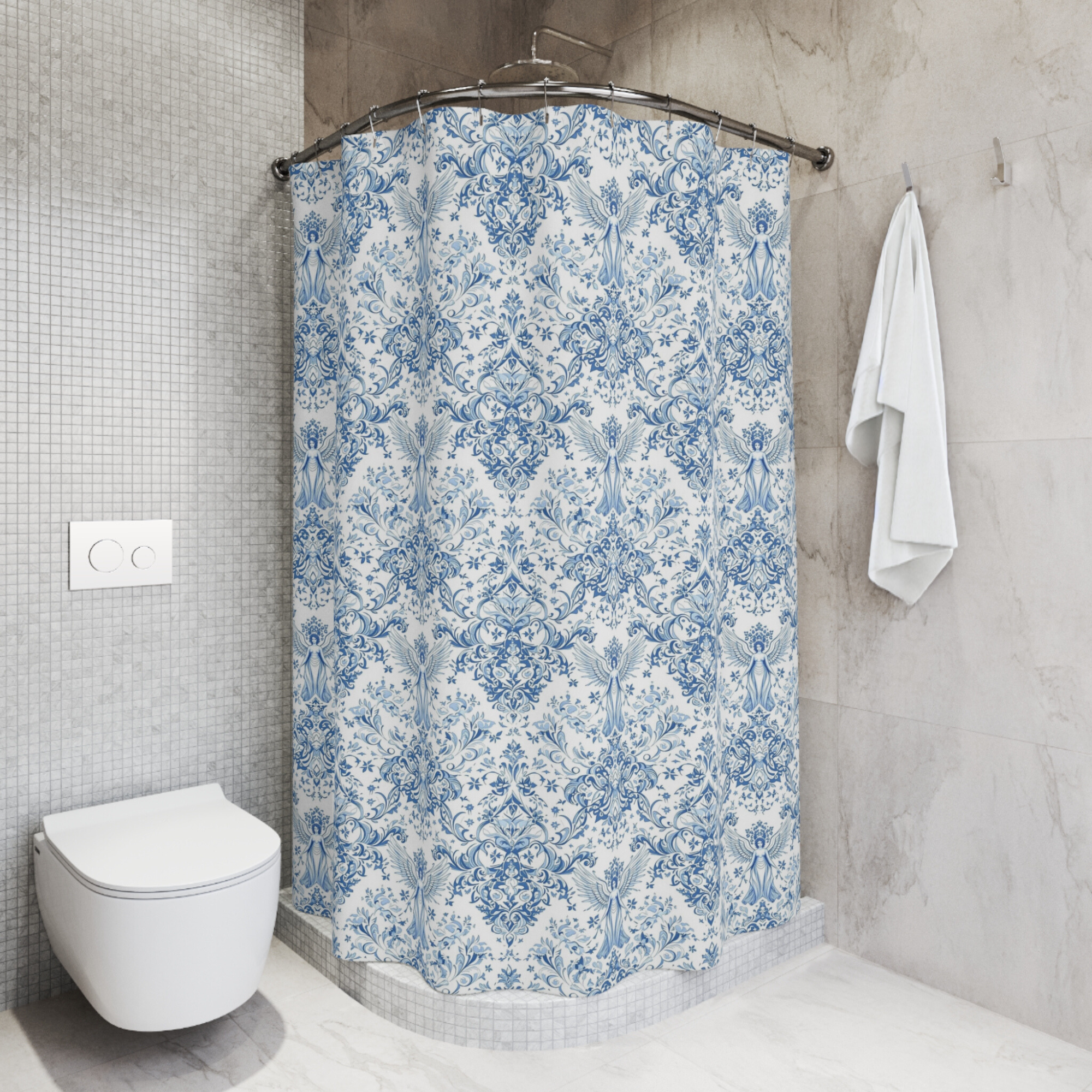 Blue and White Angels in Ornate Pattern – Angelic Classic Shower Curtain