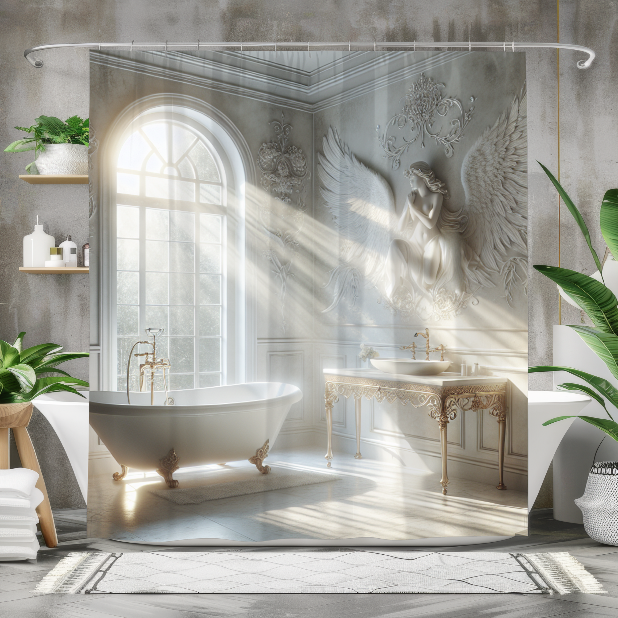 Elegant Angel Bathroom With Vintage Tub – Ethereal Shower Curtain