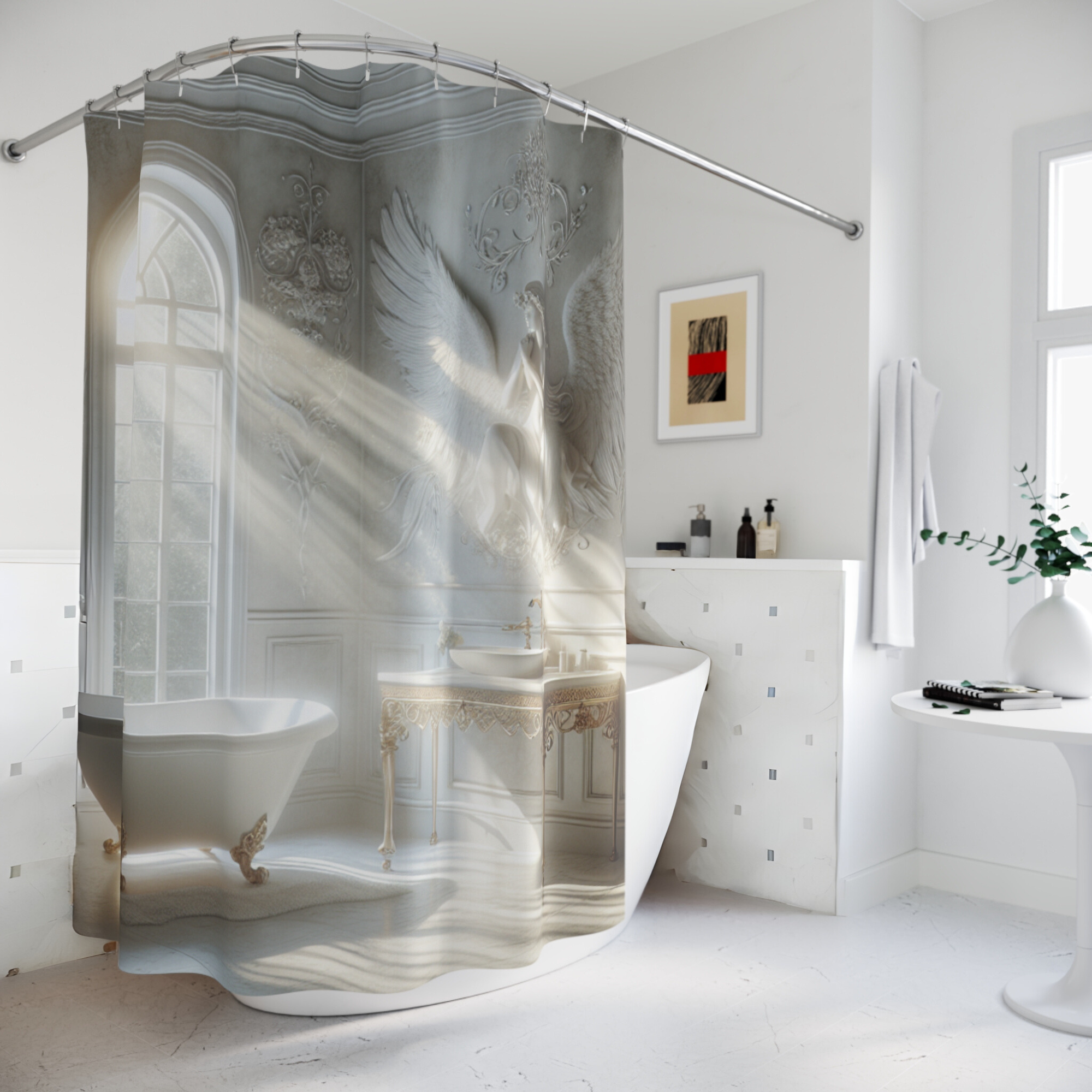 Elegant Angel Bathroom With Vintage Tub – Ethereal Shower Curtain