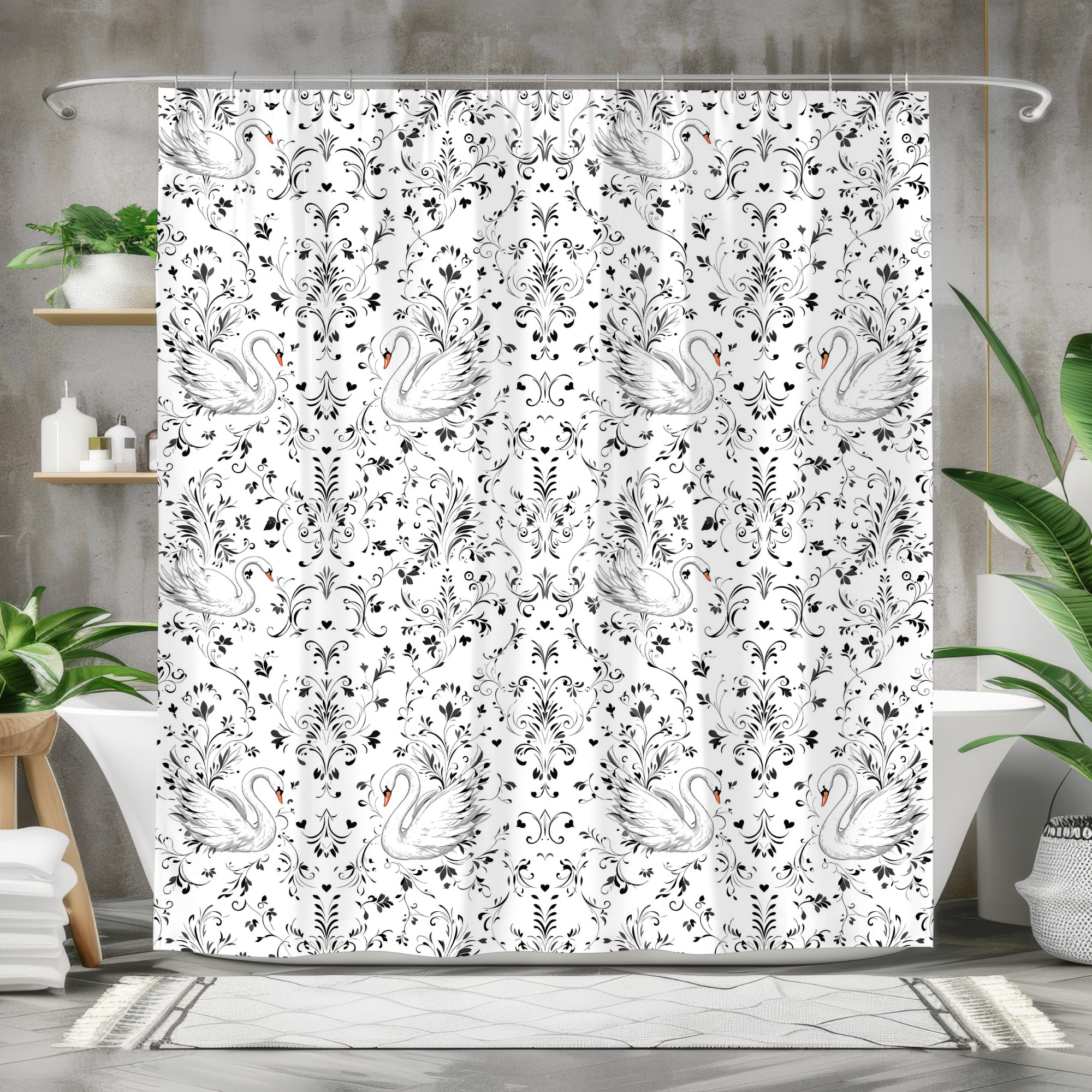 French Country Swan Damask – Romantic Black and White Shower Curtain