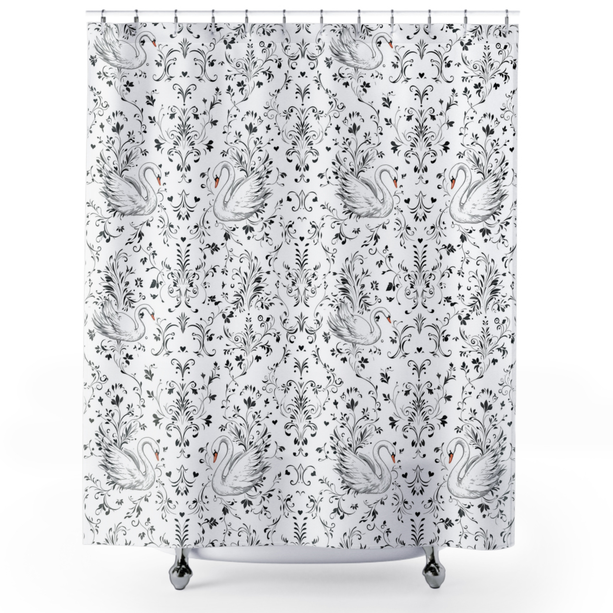 French Country Swan Damask – Romantic Black and White Shower Curtain