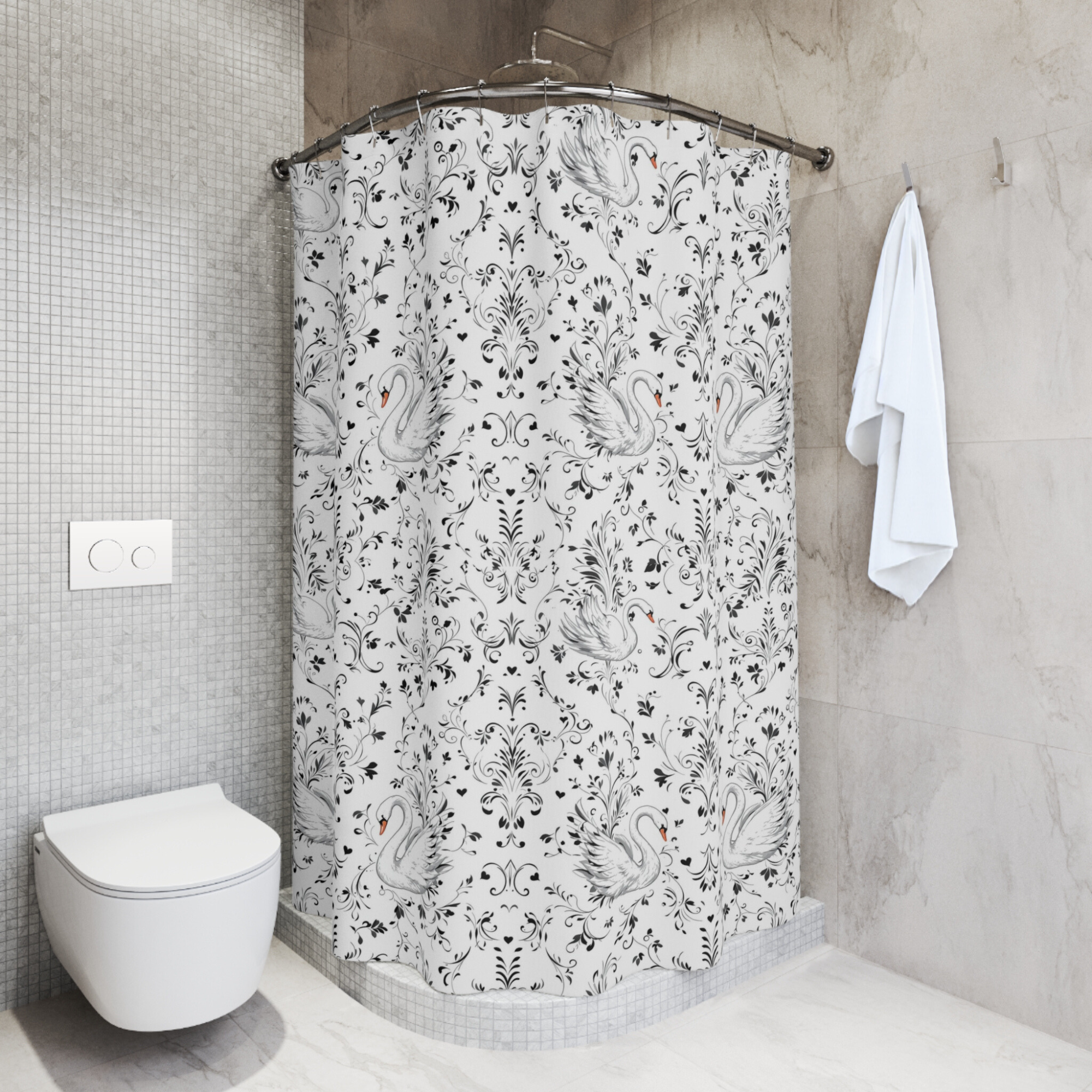 French Country Swan Damask – Romantic Black and White Shower Curtain
