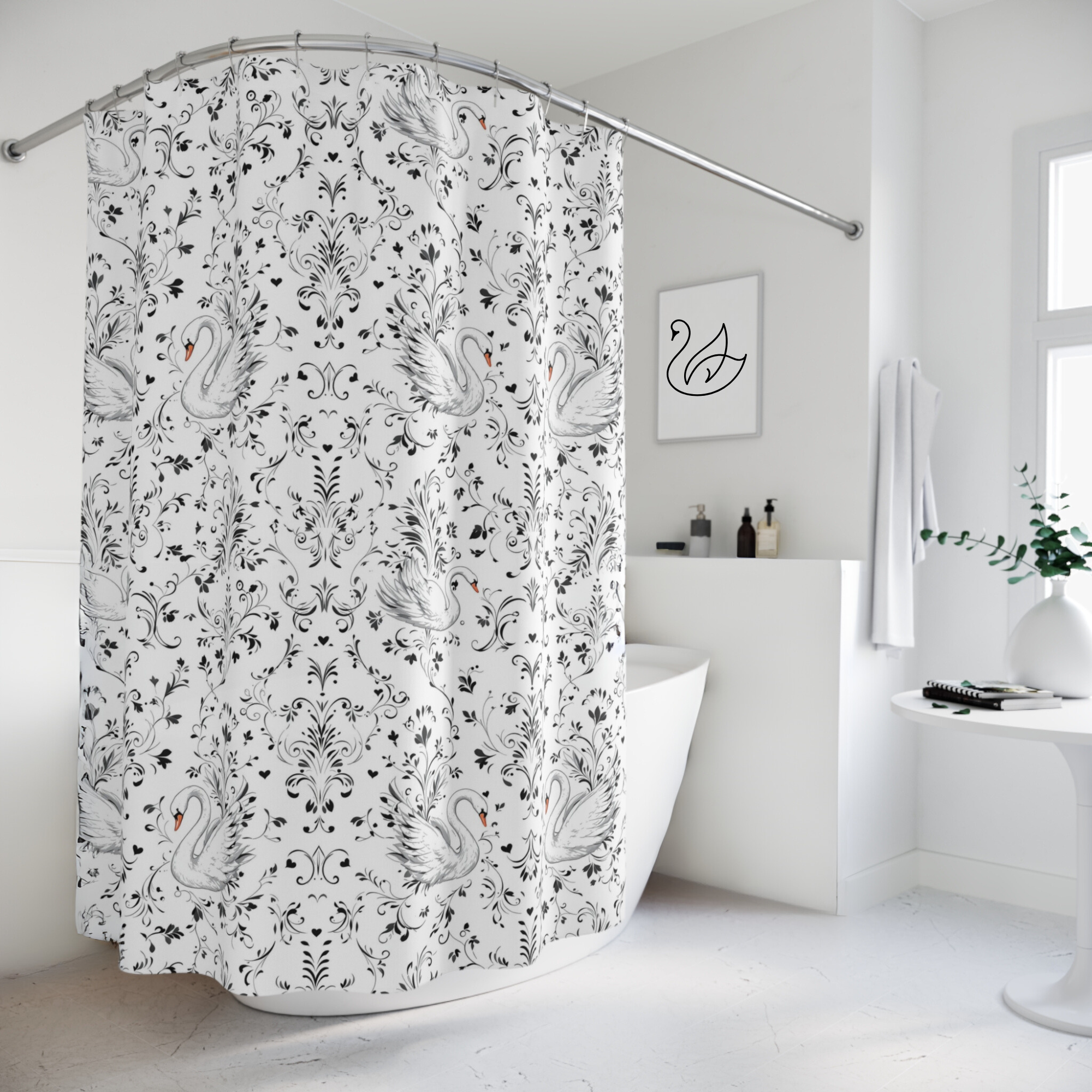 French Country Swan Damask – Romantic Black and White Shower Curtain