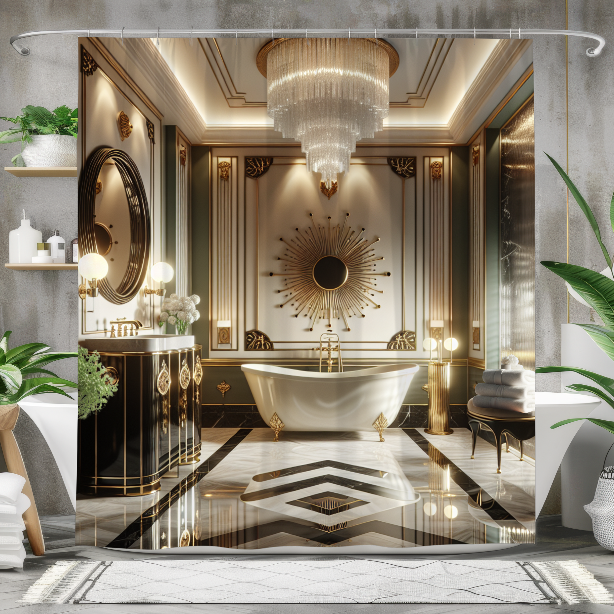Art Deco Glam Bathroom Curtain – Vintage Black and Gold Elegance