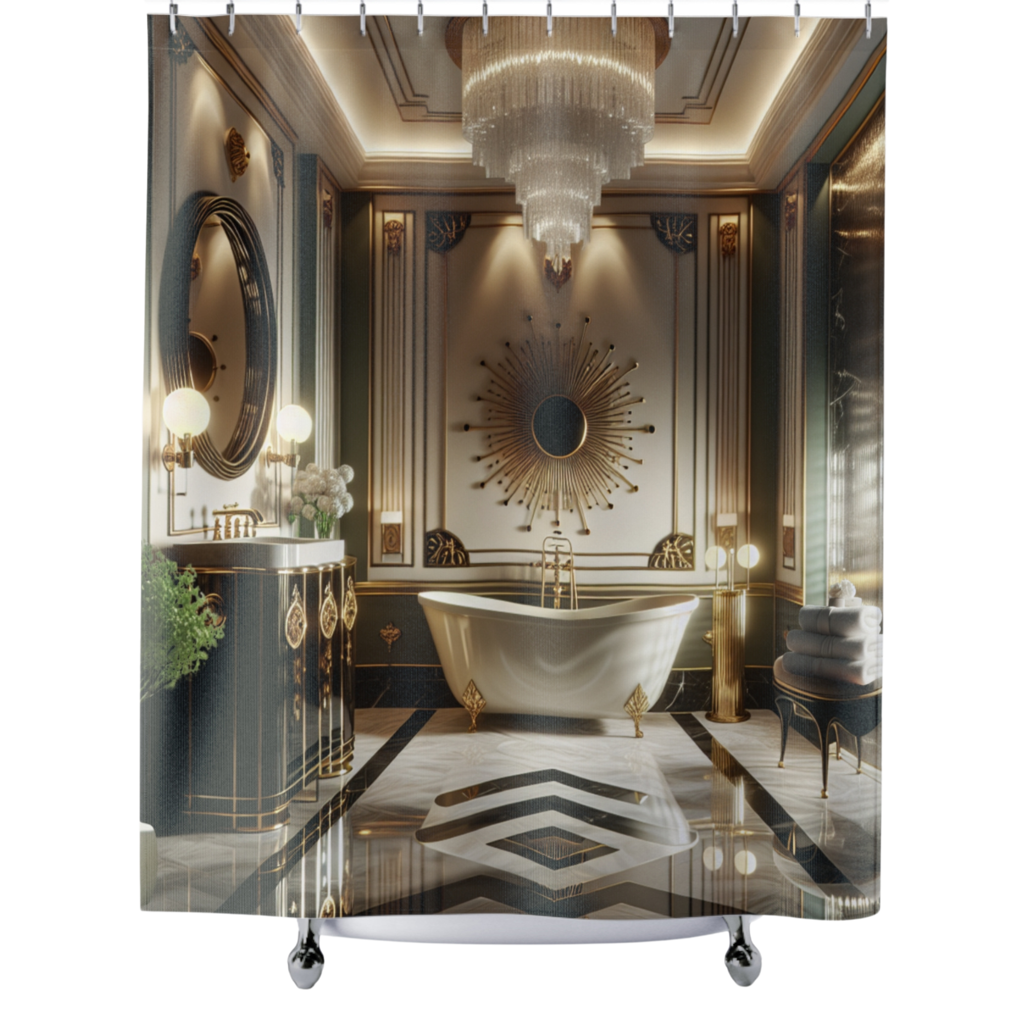 Art Deco Glam Bathroom Curtain – Vintage Black and Gold Elegance