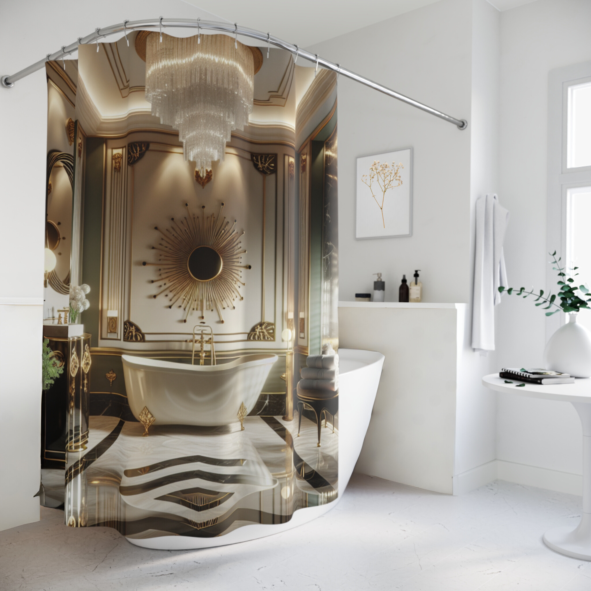 Art Deco Glam Bathroom Curtain – Vintage Black and Gold Elegance