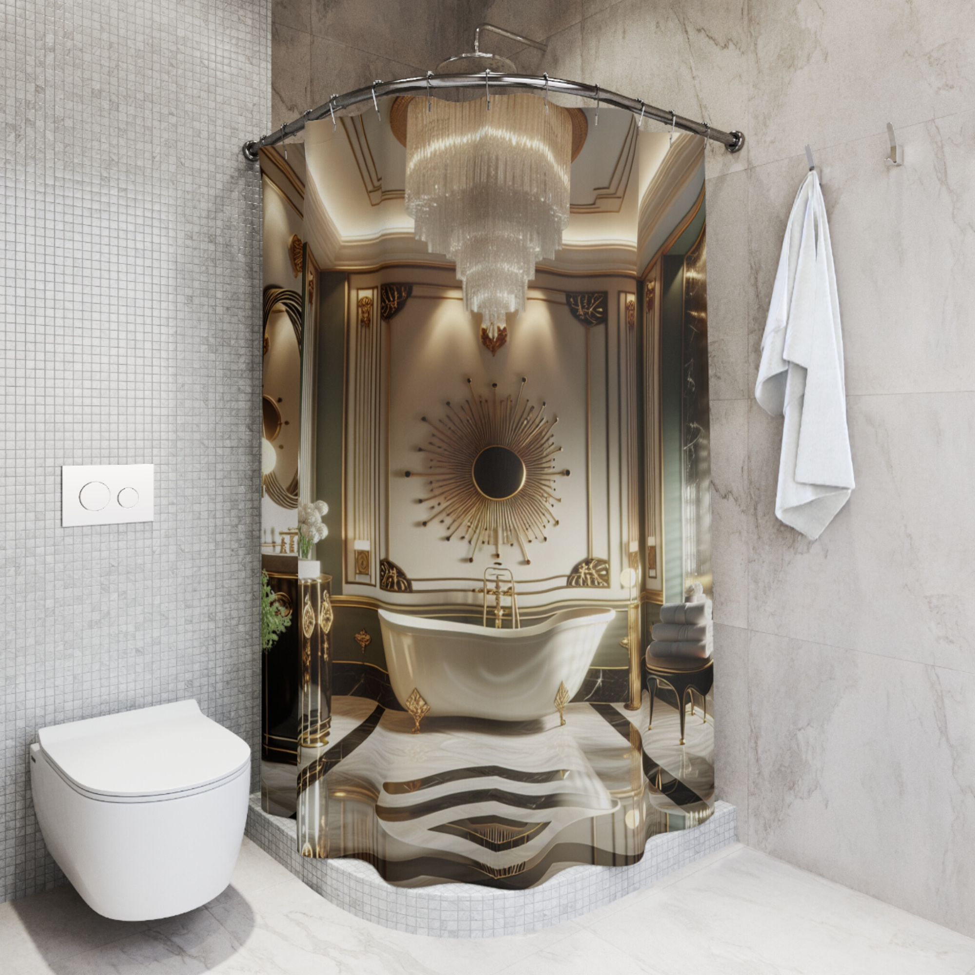 Art Deco Glam Bathroom Curtain – Vintage Black and Gold Elegance