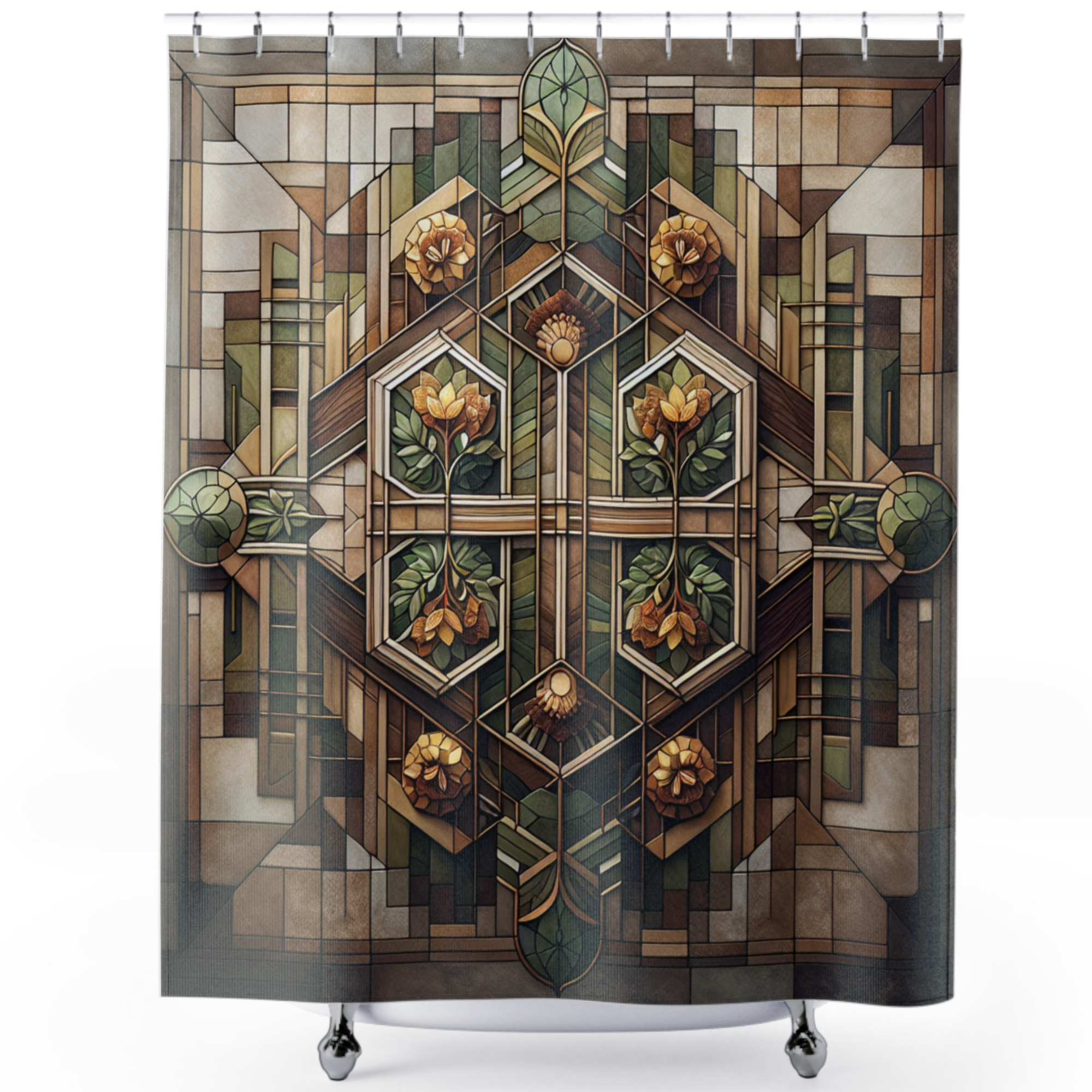 Geometric Botanical Shower Curtain – Earthy Prairie Style Design