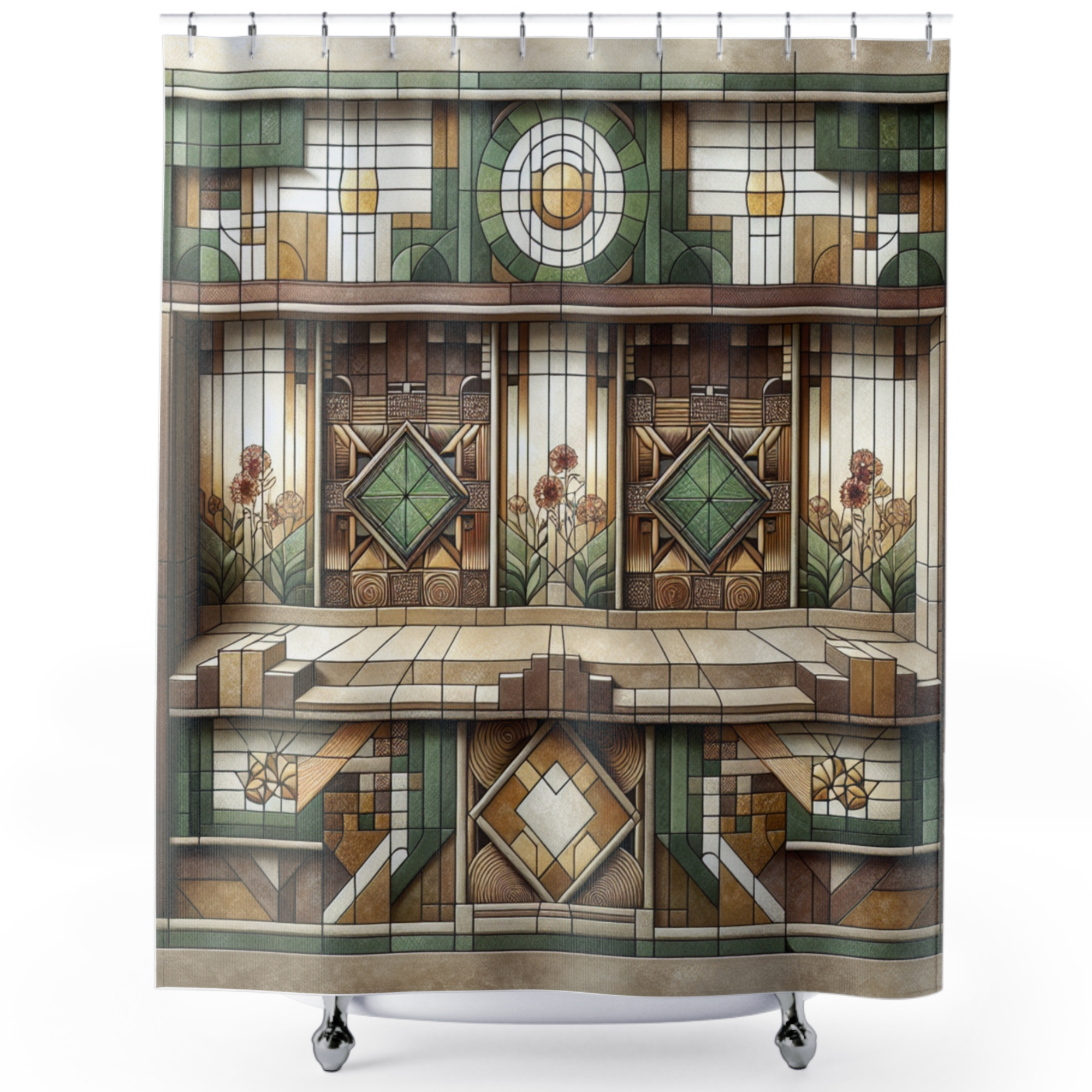 Prairie Style Stained Glass Shower Curtain – Warm Earth Tones