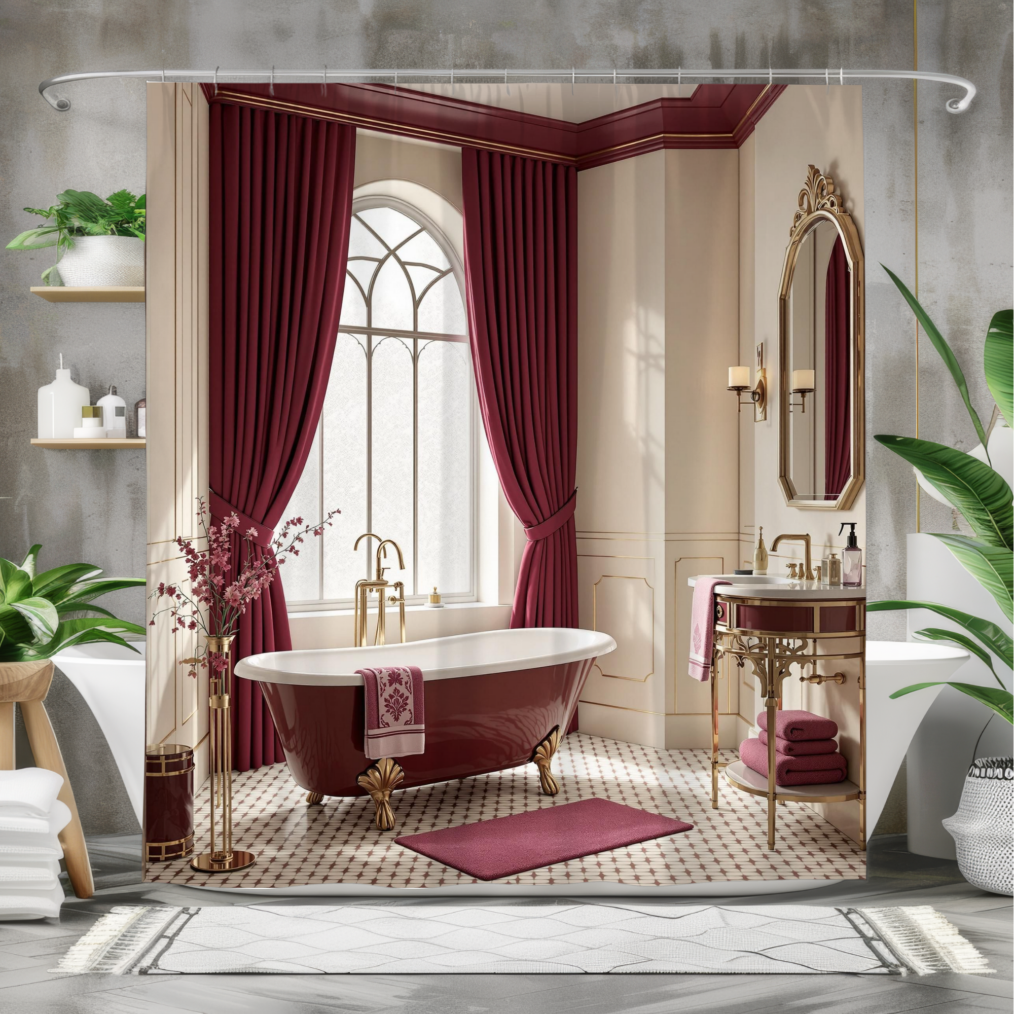 Romantic Burgundy Bathroom With Clawfoot Tub – Vintage French Shower Curtain