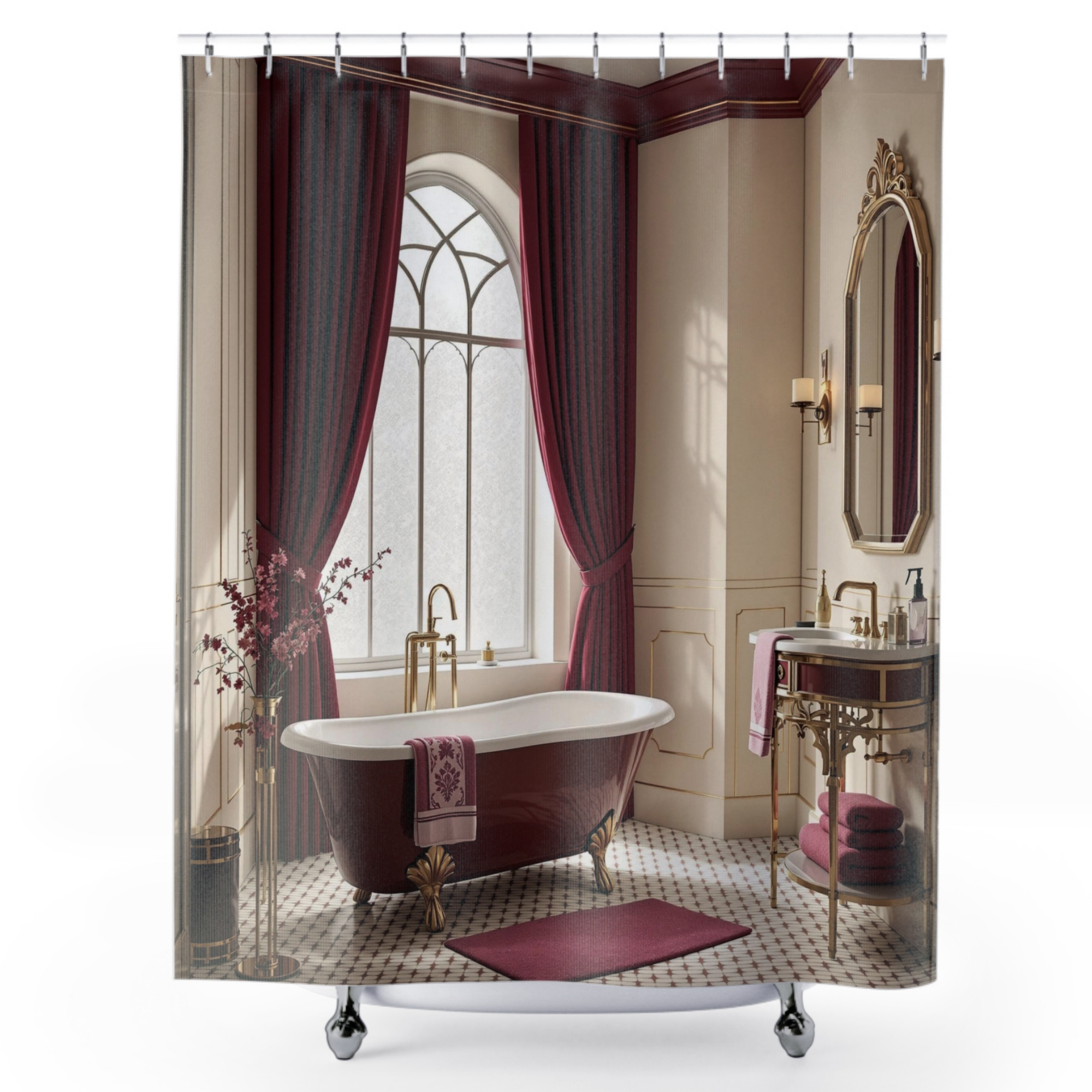 Romantic Burgundy Bathroom With Clawfoot Tub – Vintage French Shower Curtain