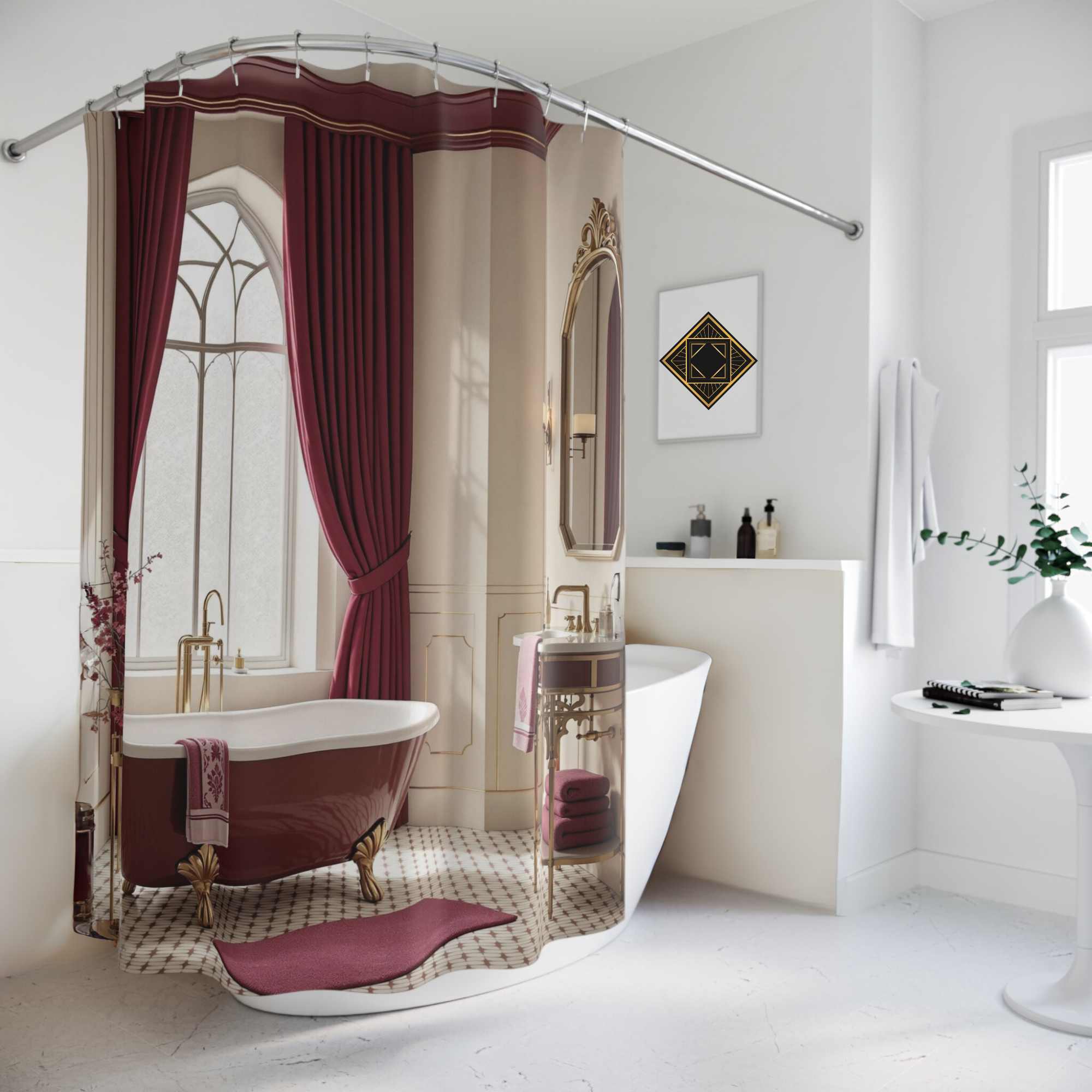 Romantic Burgundy Bathroom With Clawfoot Tub – Vintage French Shower Curtain