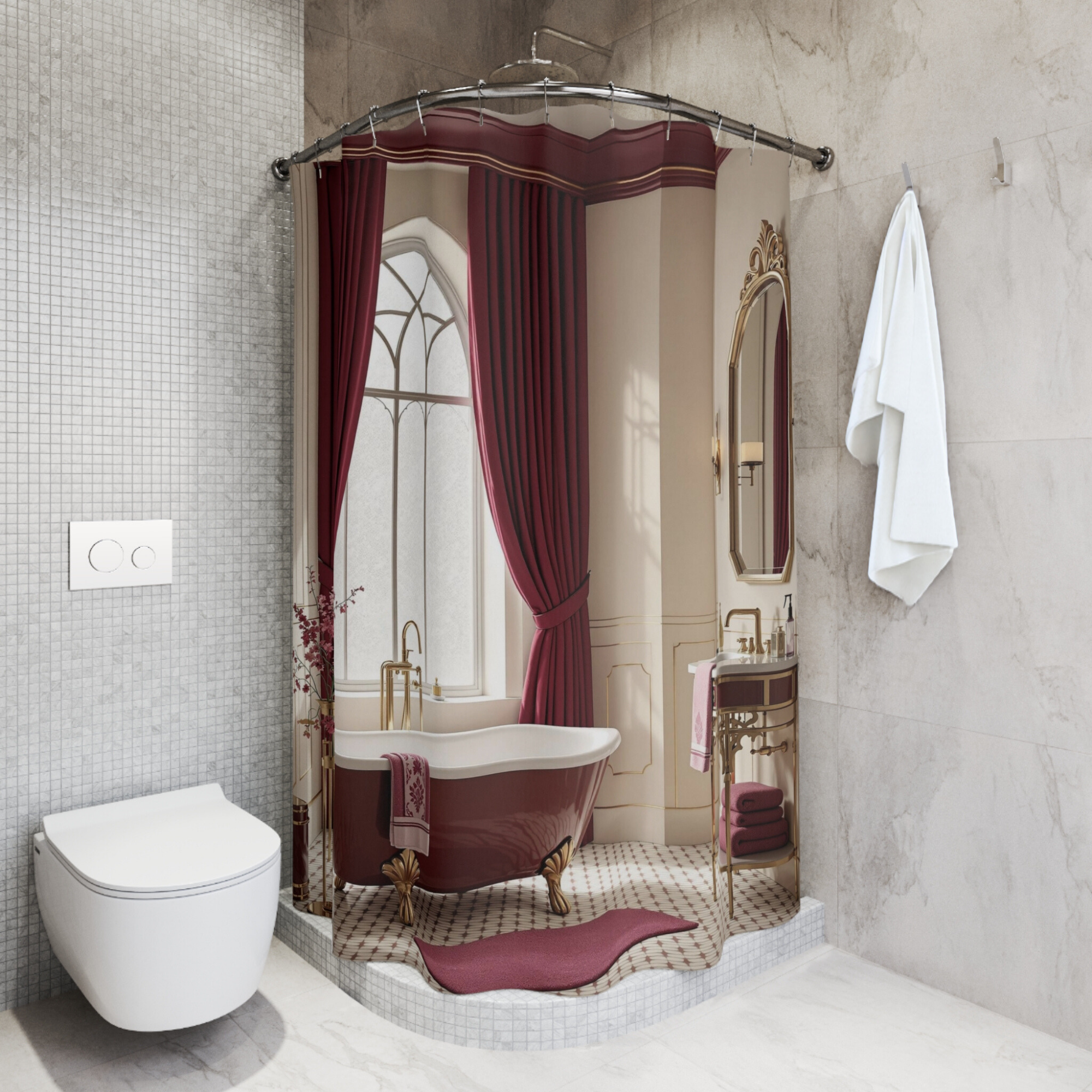 Romantic Burgundy Bathroom With Clawfoot Tub – Vintage French Shower Curtain