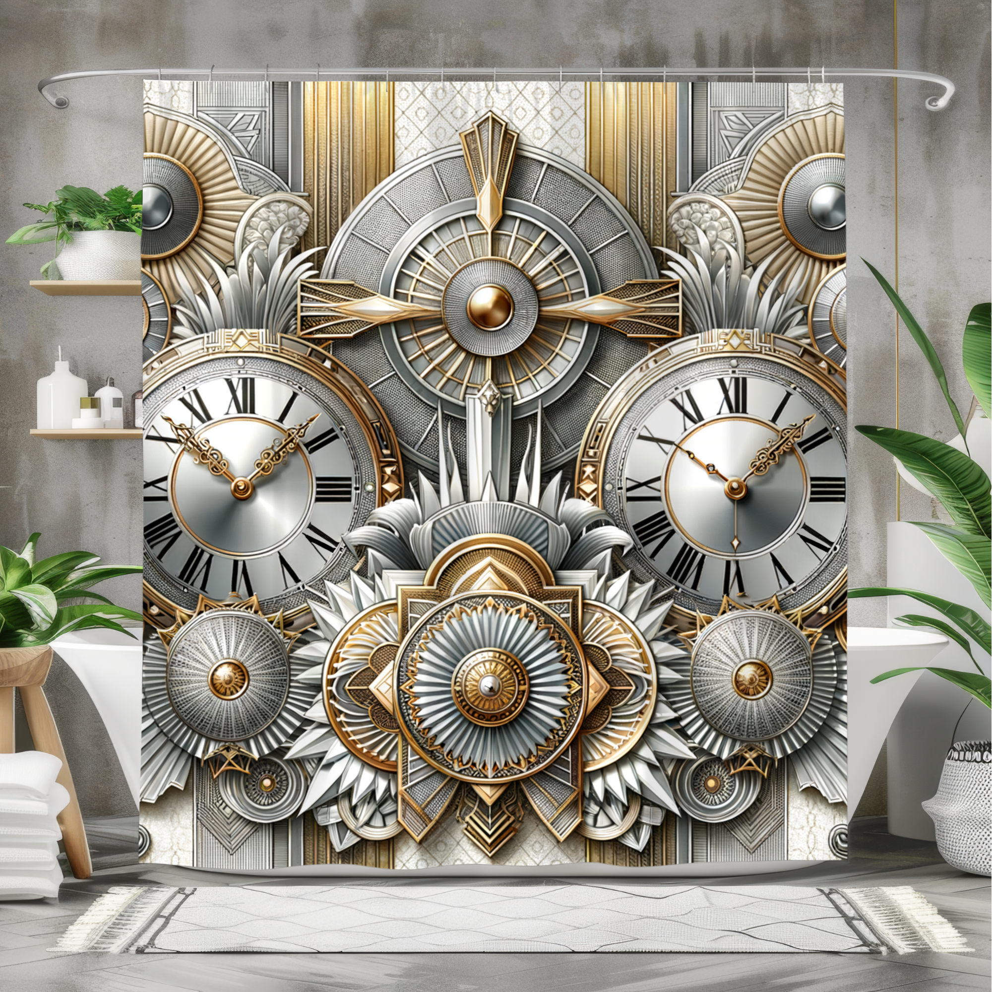 Gilded Art Deco Clock Montage – Vintage Timepiece Shower Curtain