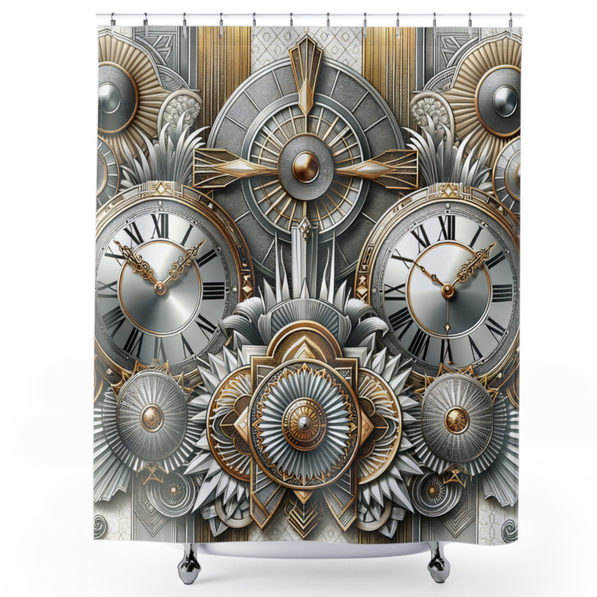 Gilded Art Deco Clock Montage – Vintage Timepiece Shower Curtain