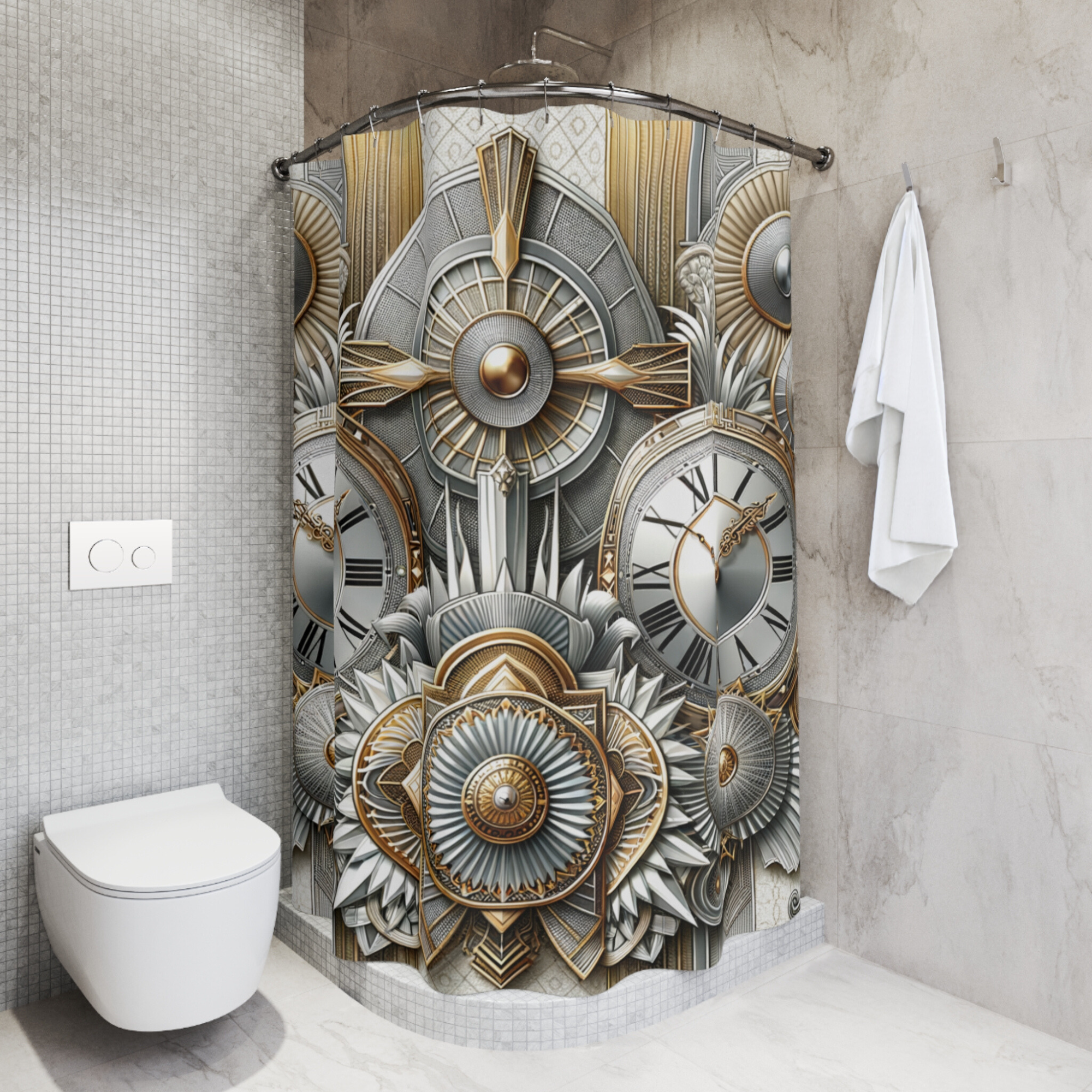 Gilded Art Deco Clock Montage – Vintage Timepiece Shower Curtain