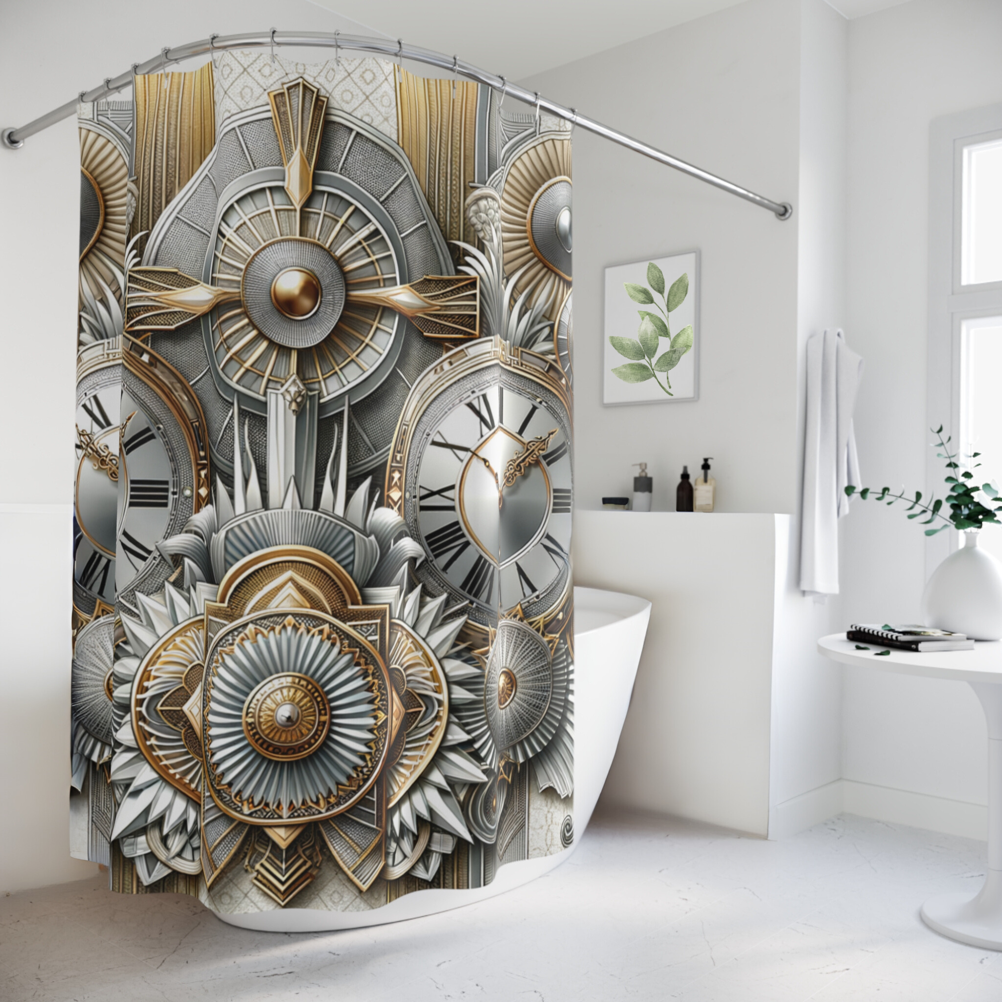 Gilded Art Deco Clock Montage – Vintage Timepiece Shower Curtain