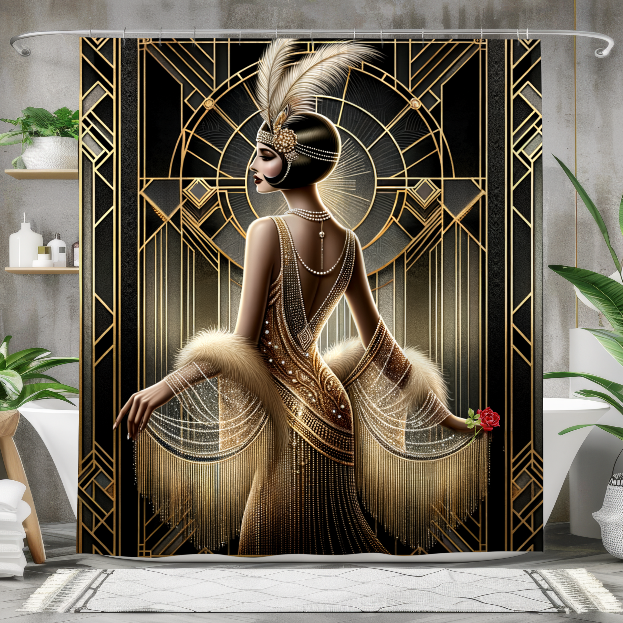 Gatsby Glamour in Gold – Art Deco Flapper Shower Curtain