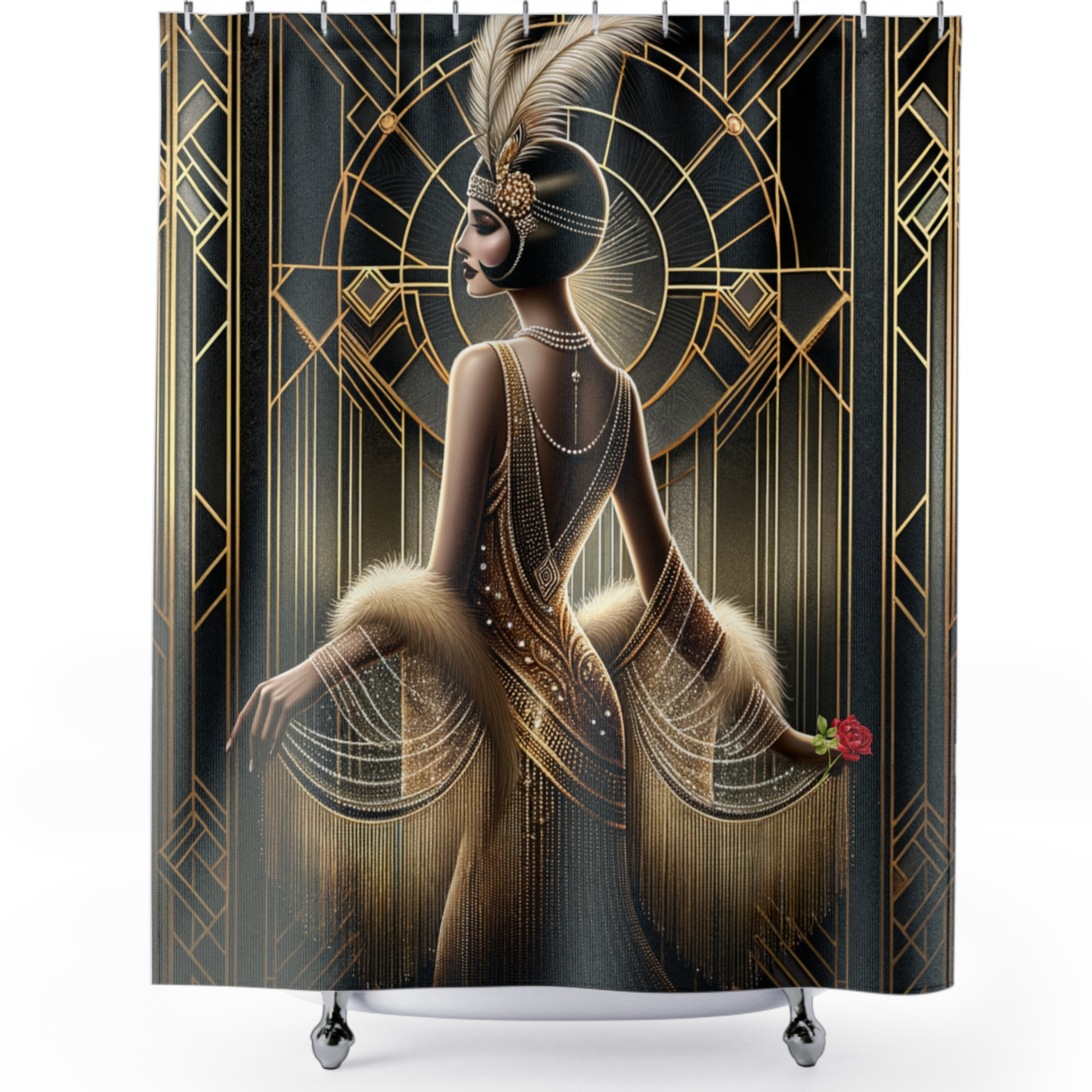 Gatsby Glamour in Gold – Art Deco Flapper Shower Curtain