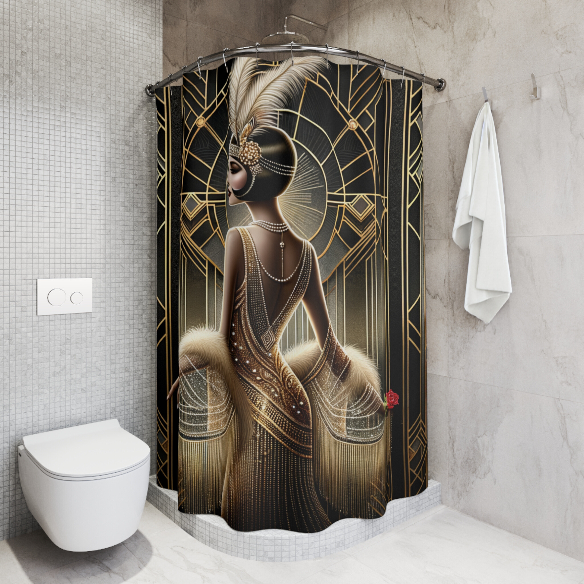 Gatsby Glamour in Gold – Art Deco Flapper Shower Curtain