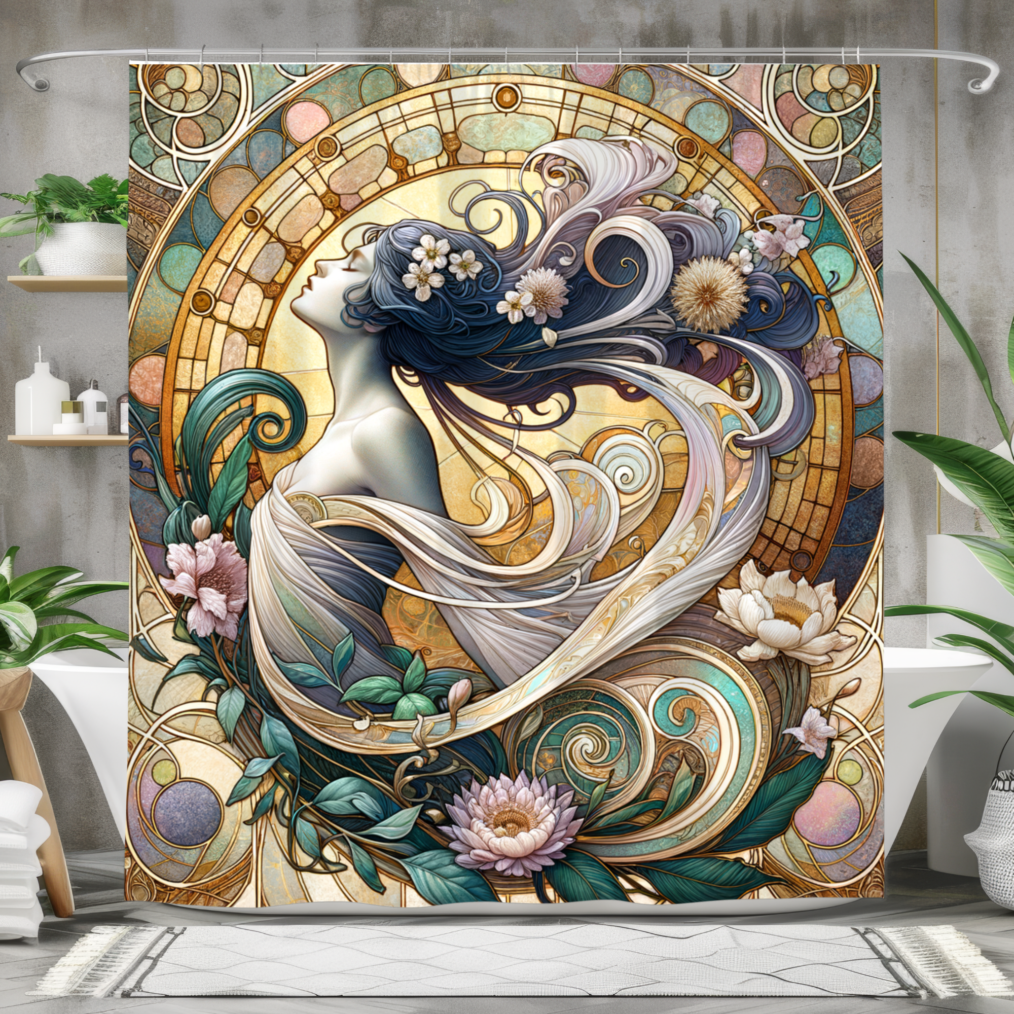 Moonlit Nouveau Muse – Art Nouveau Goddess Shower Curtain
