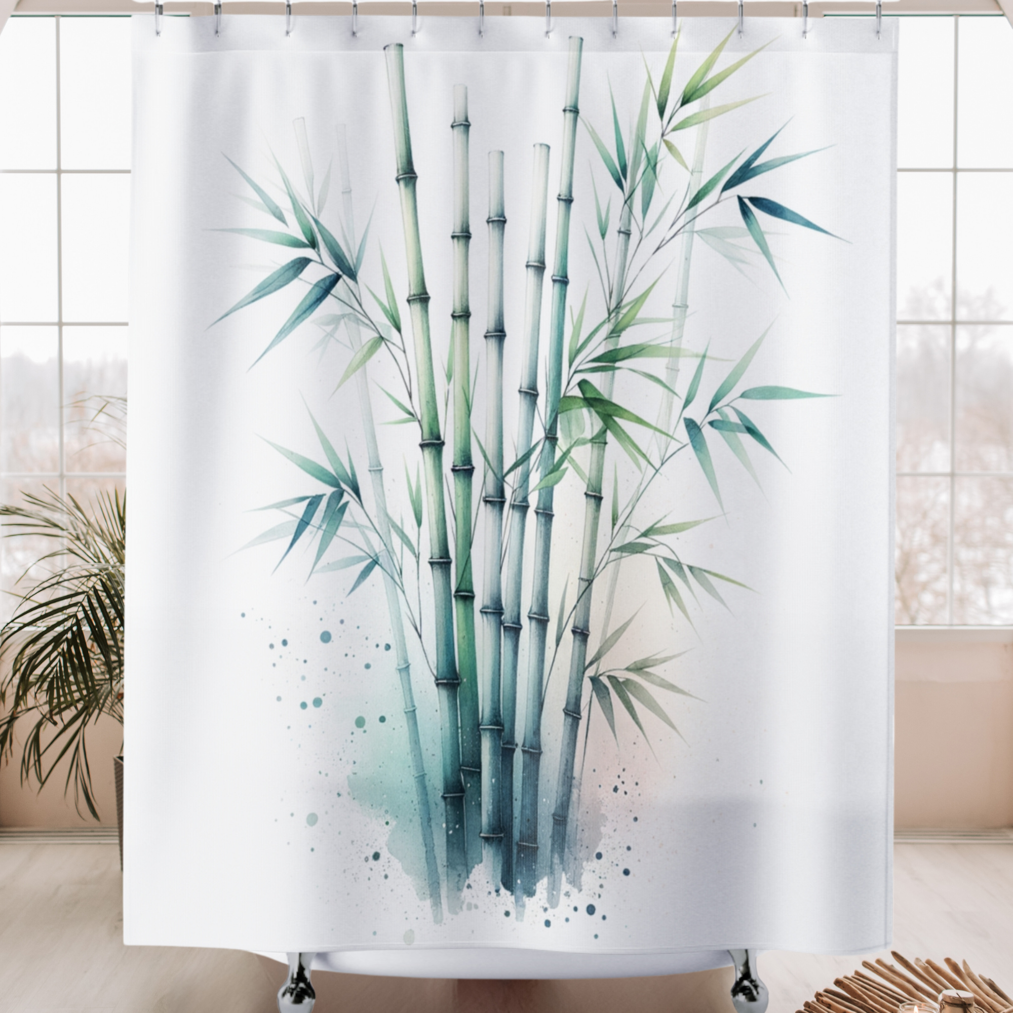Tranquil Watercolor Bamboo – Zen Spa Bathroom Shower Curtain