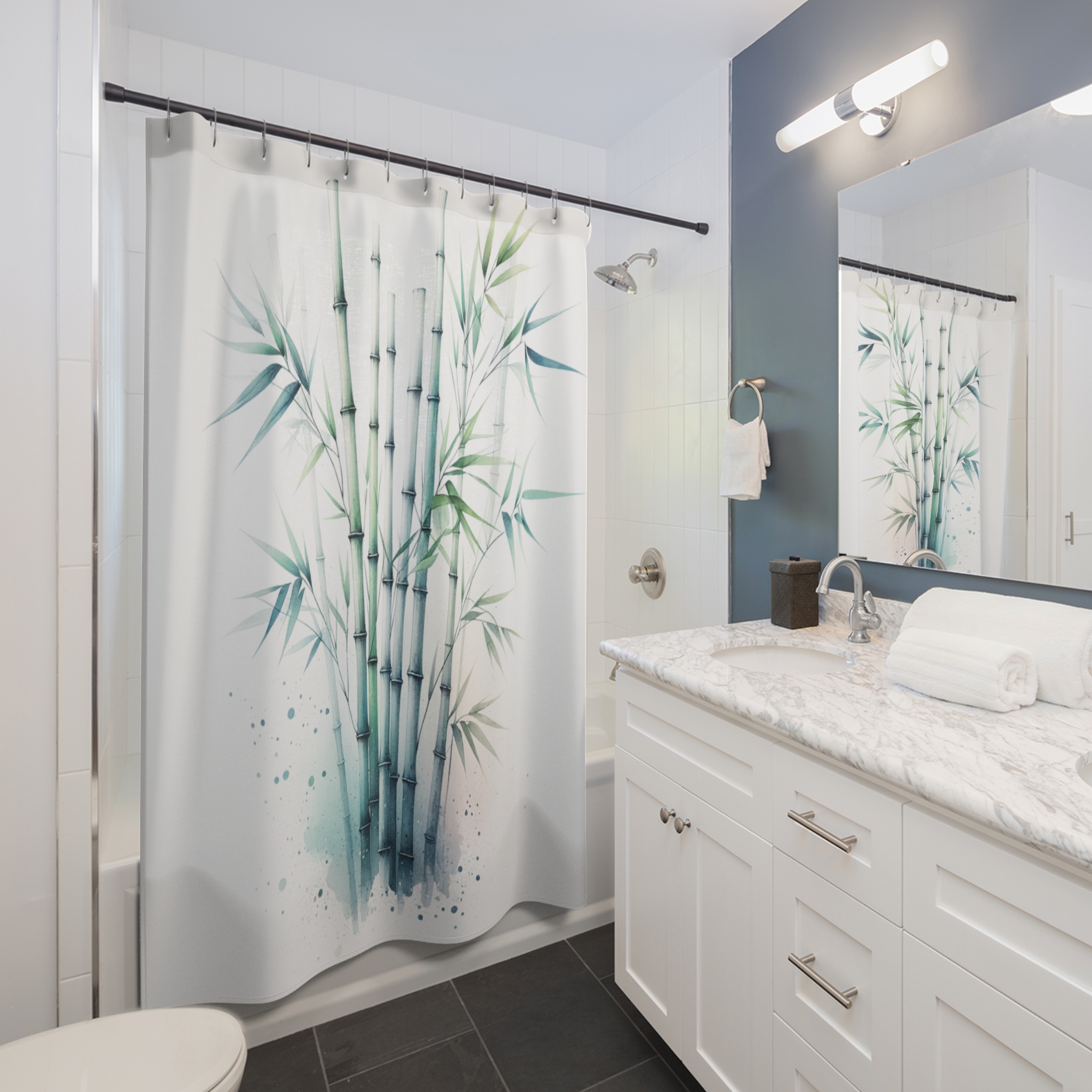 Tranquil Watercolor Bamboo – Zen Spa Bathroom Shower Curtain