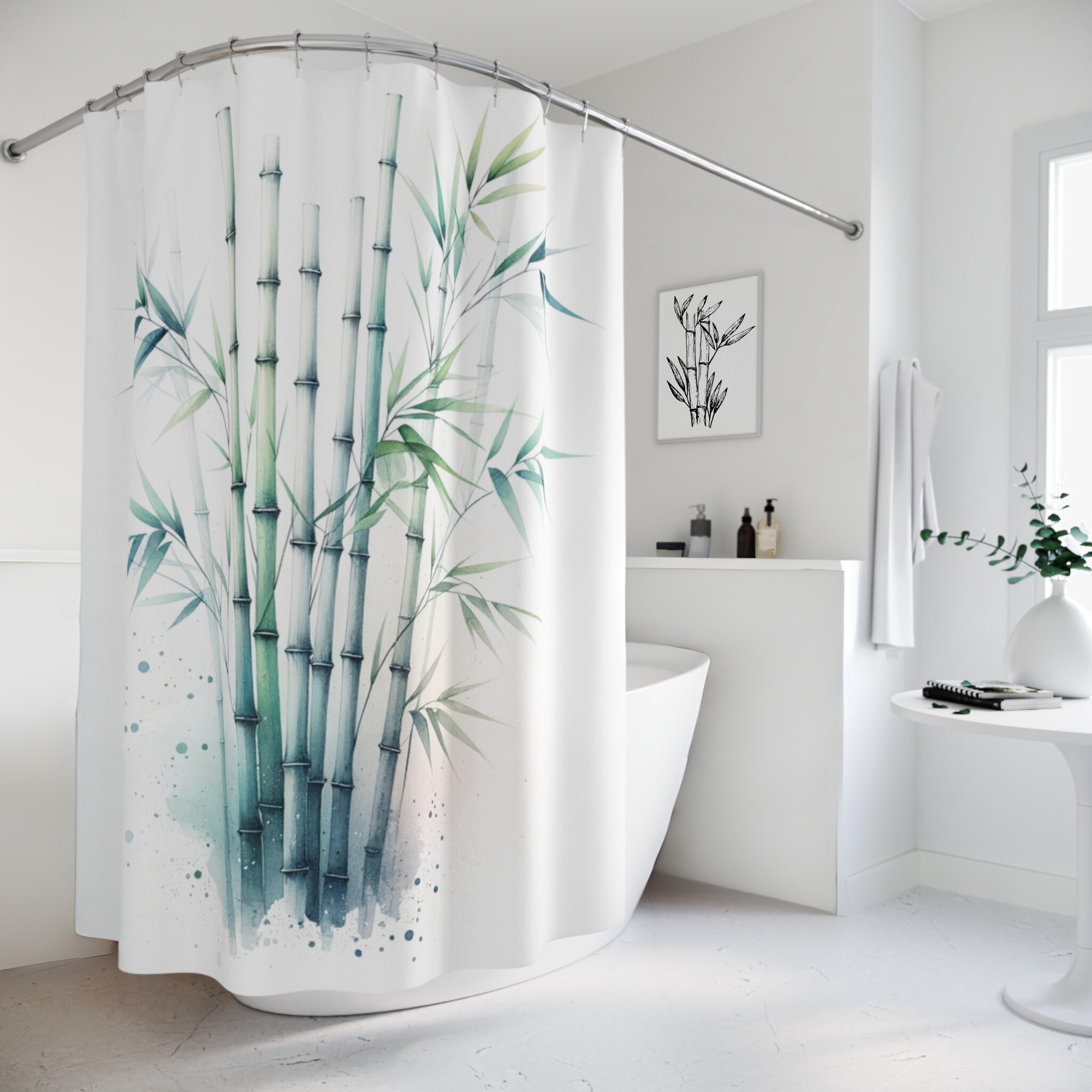 Tranquil Watercolor Bamboo – Zen Spa Bathroom Shower Curtain