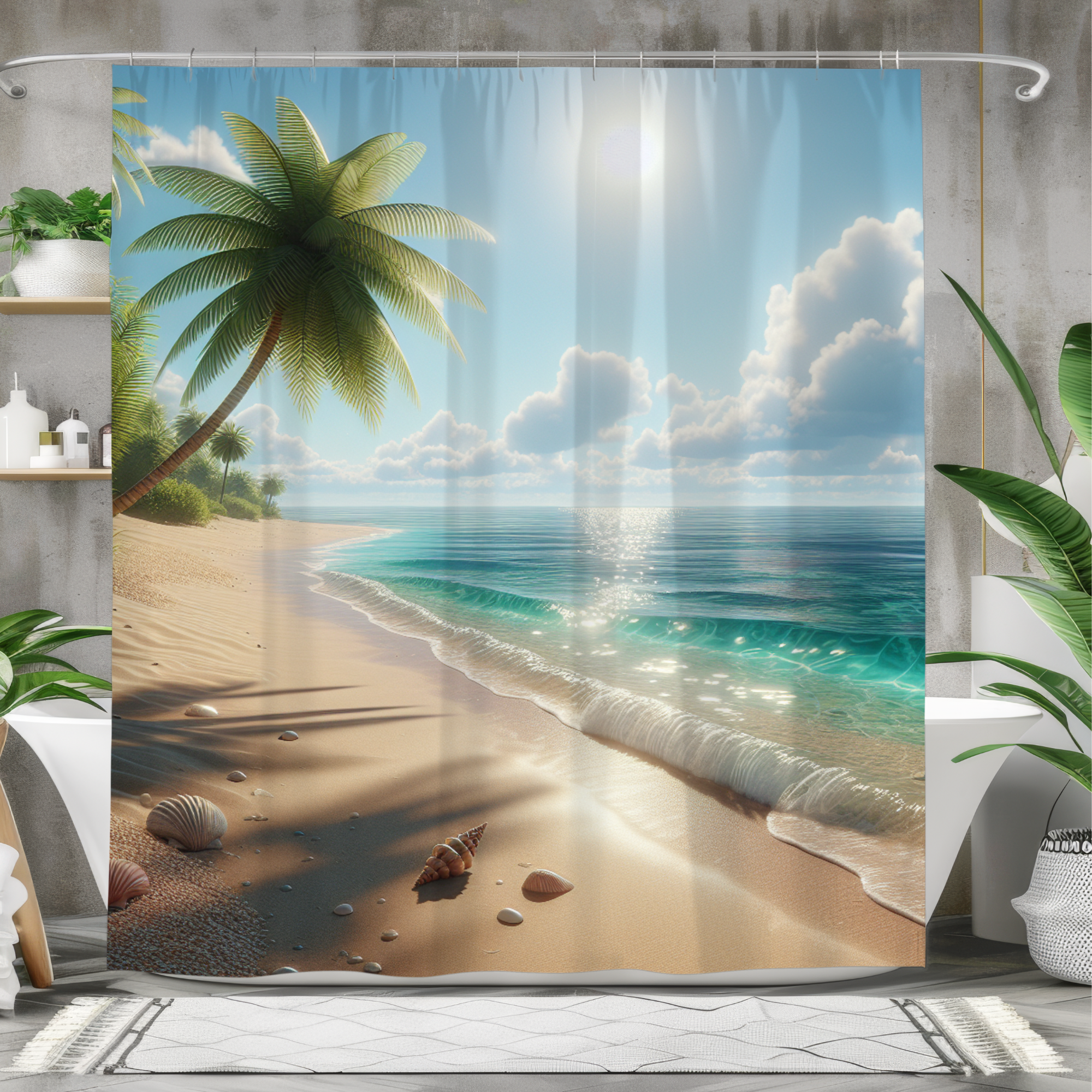 Tropical Seashell Shoreline – Coastal Beach Morning Shower Curtain