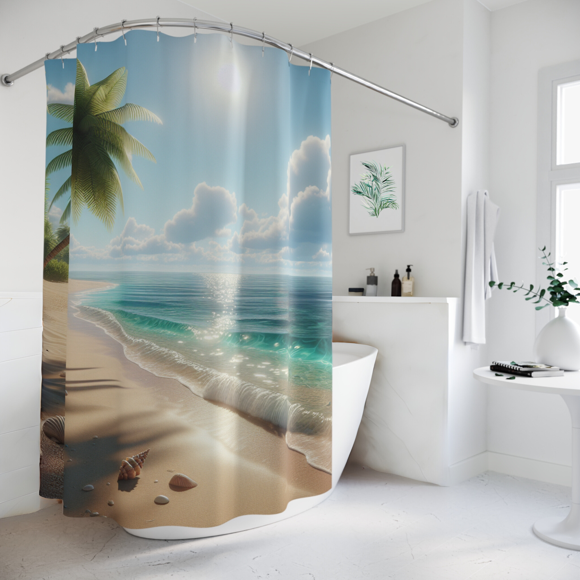 Tropical Seashell Shoreline – Coastal Beach Morning Shower Curtain