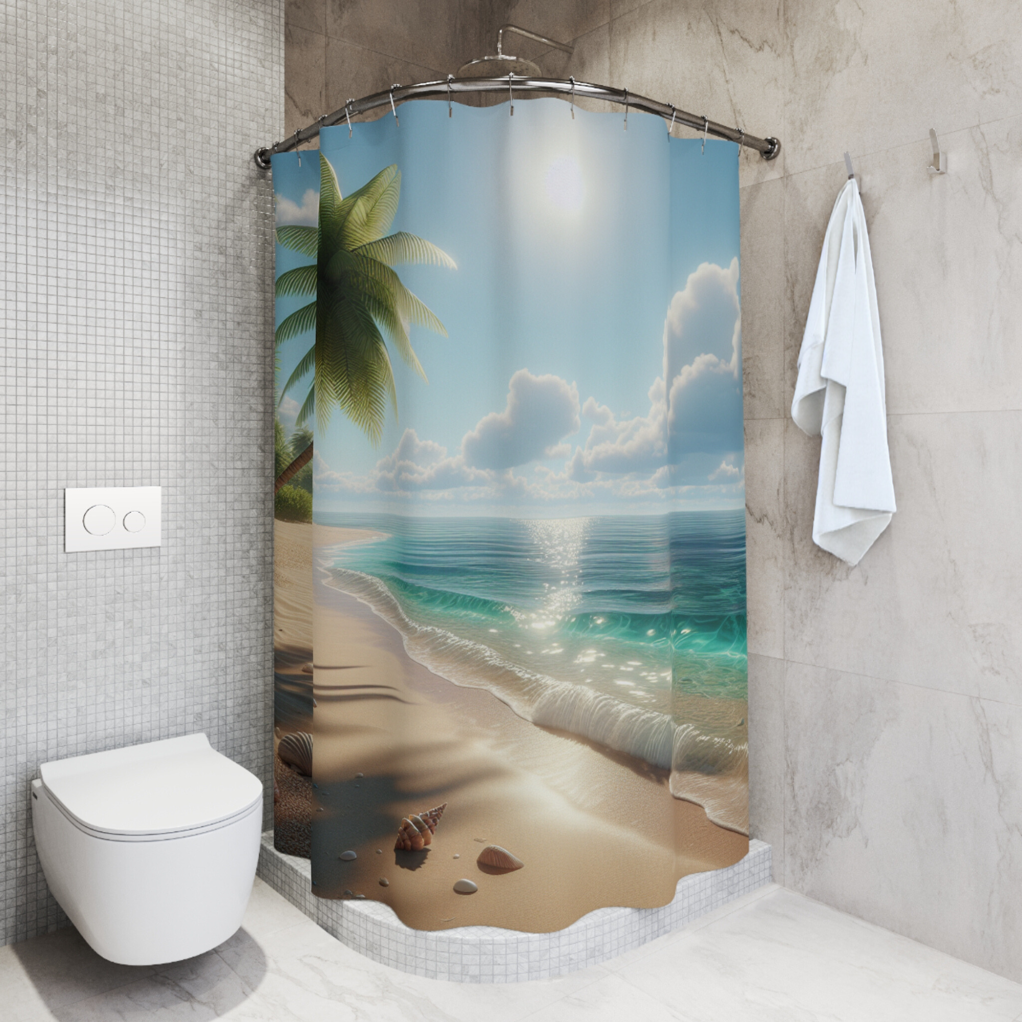 Tropical Seashell Shoreline – Coastal Beach Morning Shower Curtain